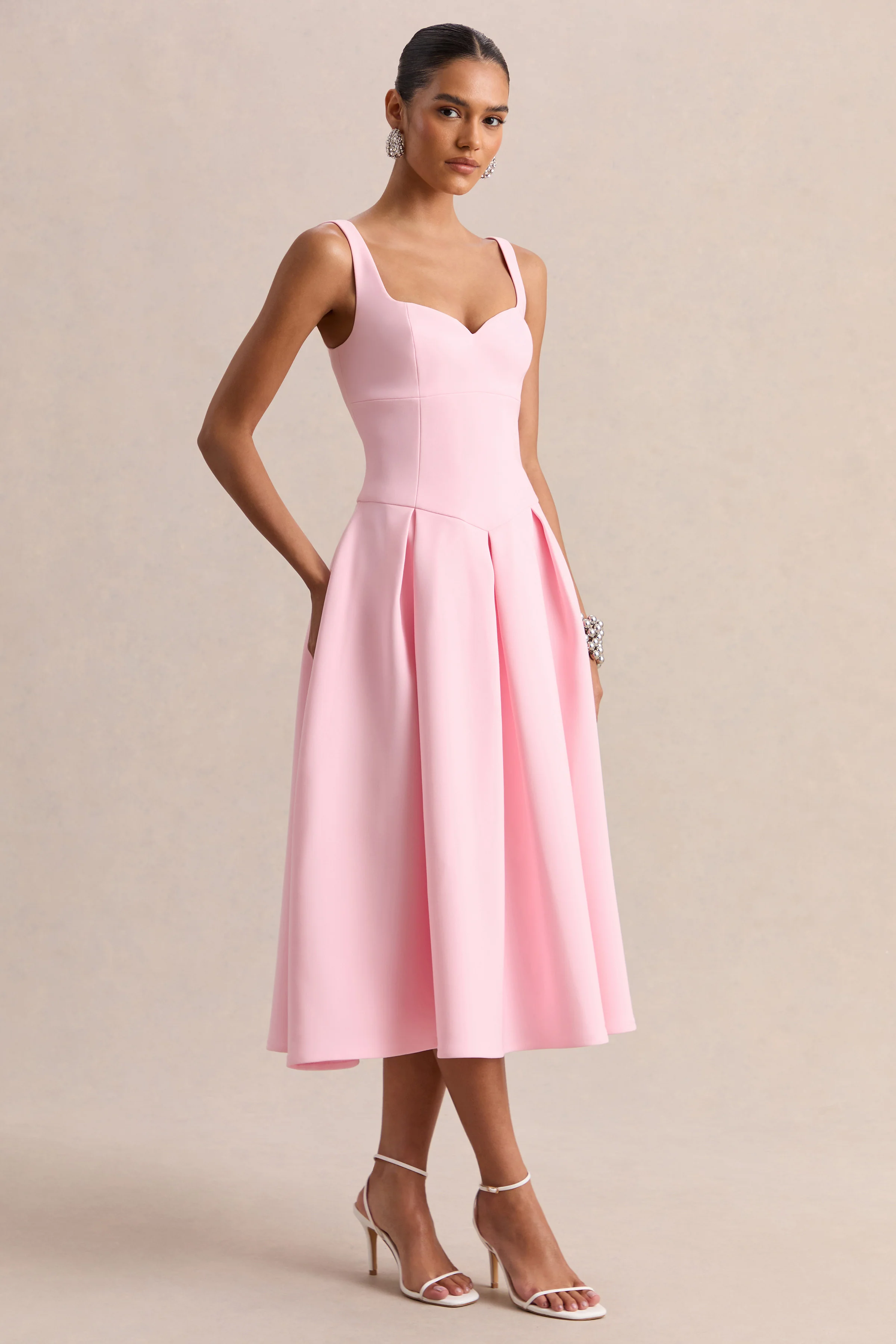 Greta | Licht Roze Sweetheart Halslijn Midi Jurk - Image 4
