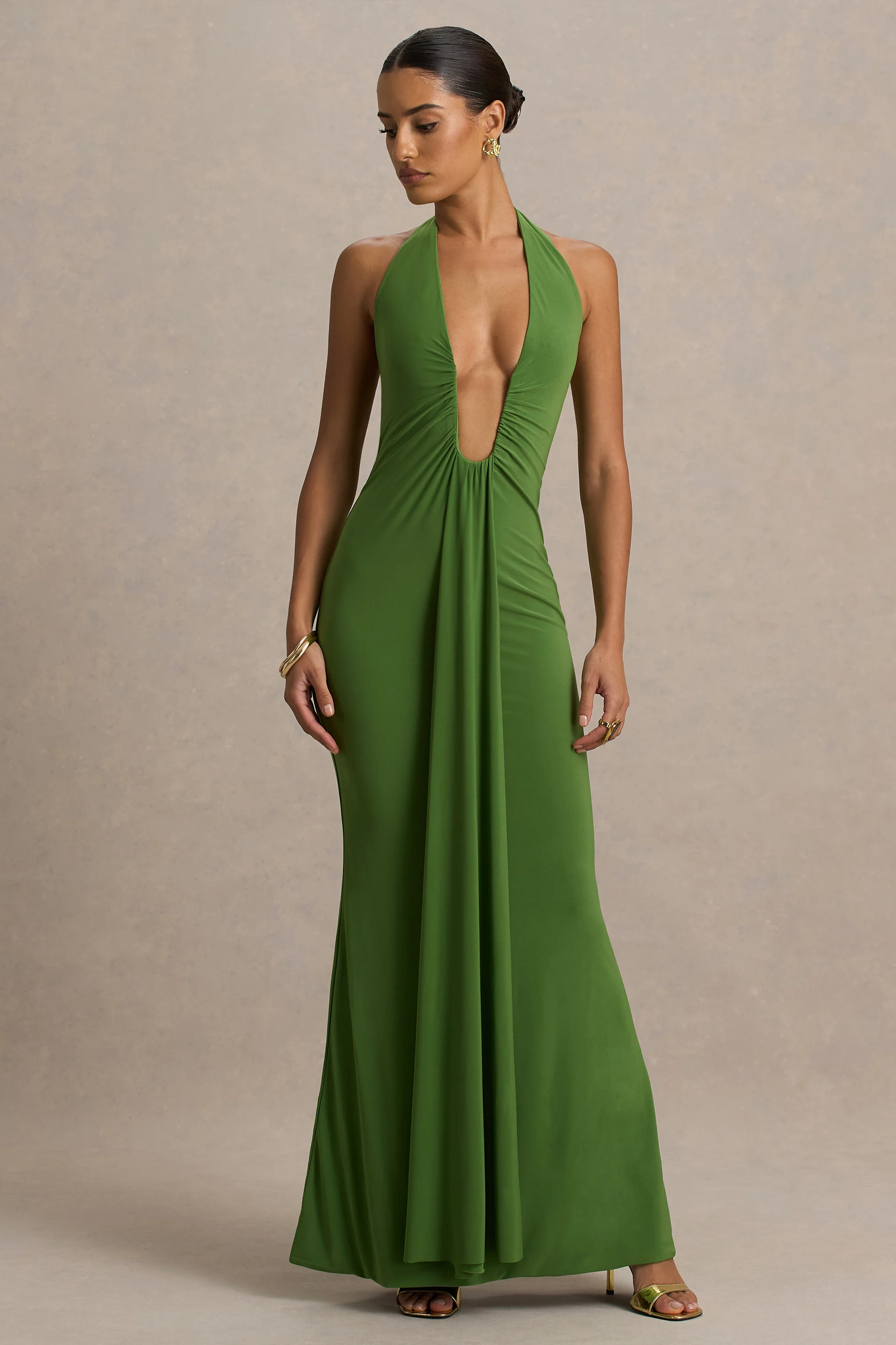 Hera | Groene Extreem V-Hals Maxi Jurk Met Gerimpeld Detail - Image 3