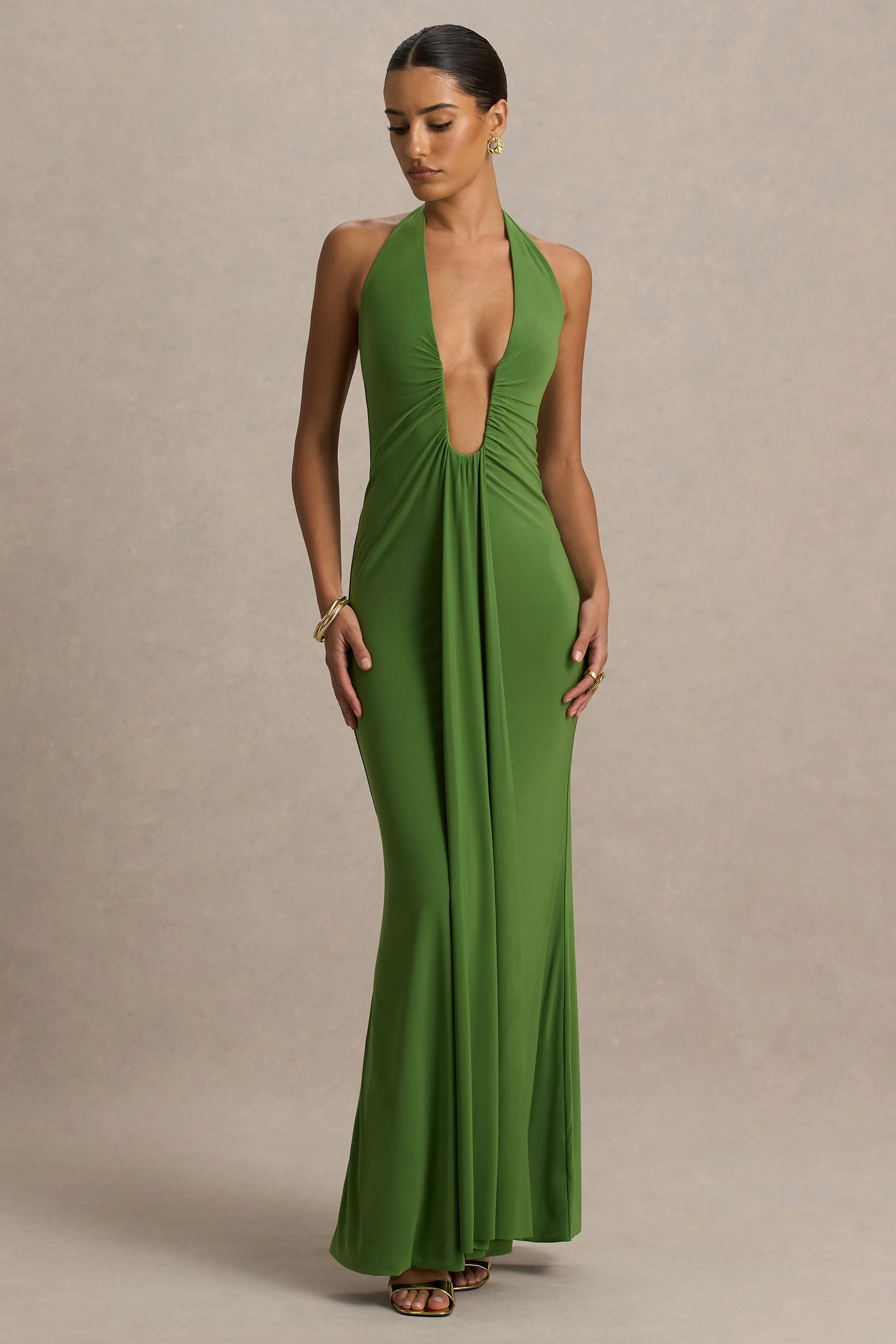 Hera | Groene Extreem V-Hals Maxi Jurk Met Gerimpeld Detail - Image 5