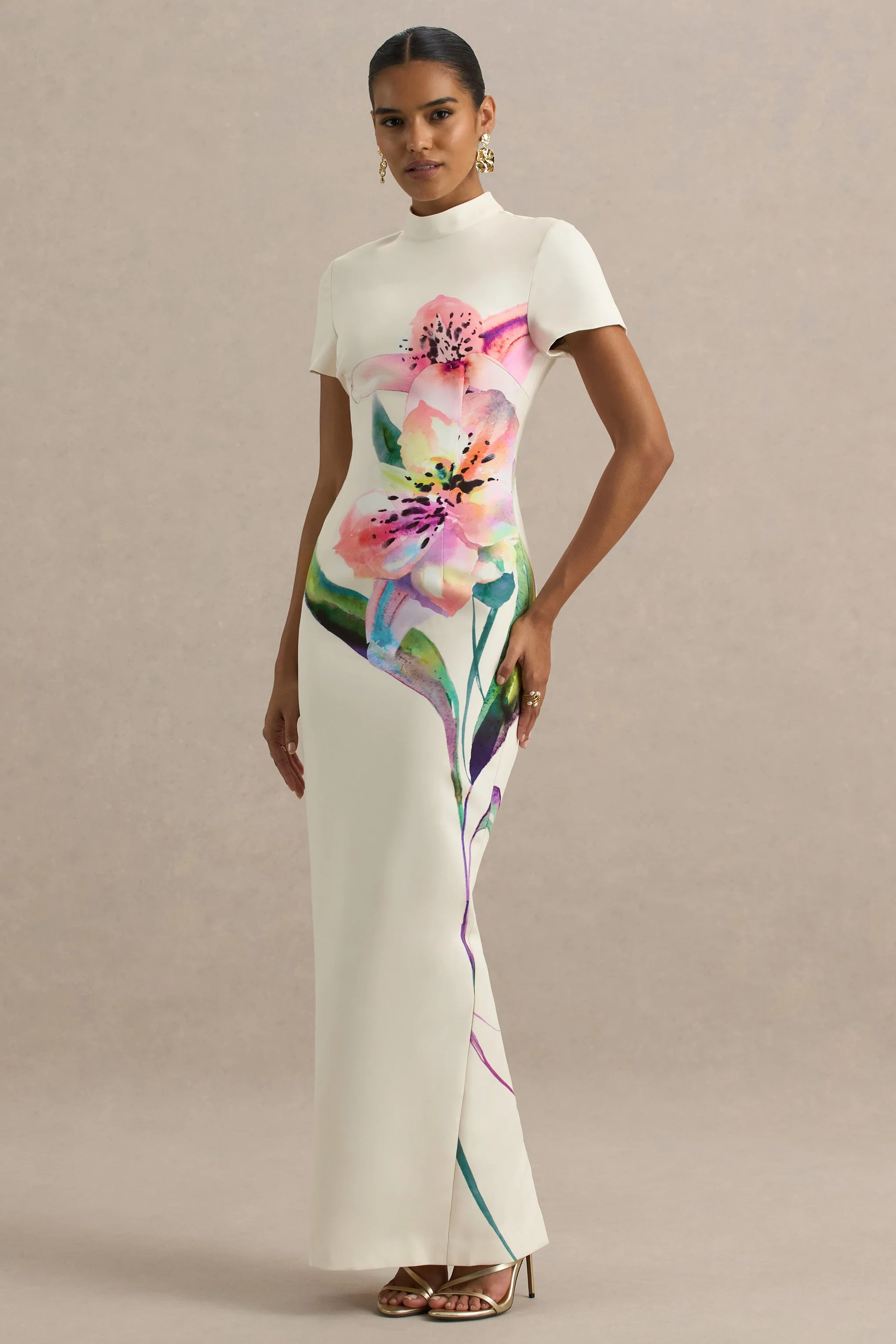 Hessie | Witte Lelie Print Hoge Hals Maxi Jurk - Image 3