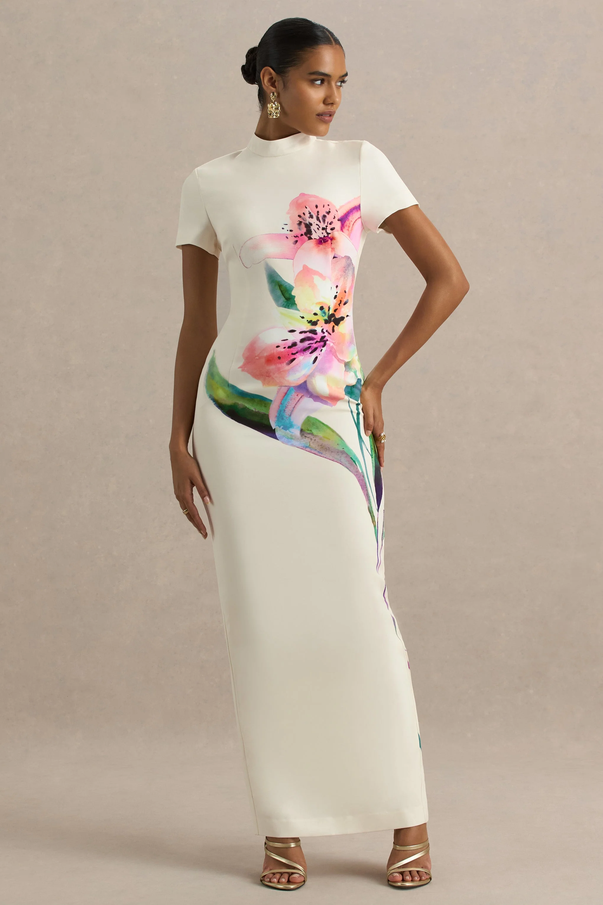 Hessie | Witte Lelie Print Hoge Hals Maxi Jurk - Image 4