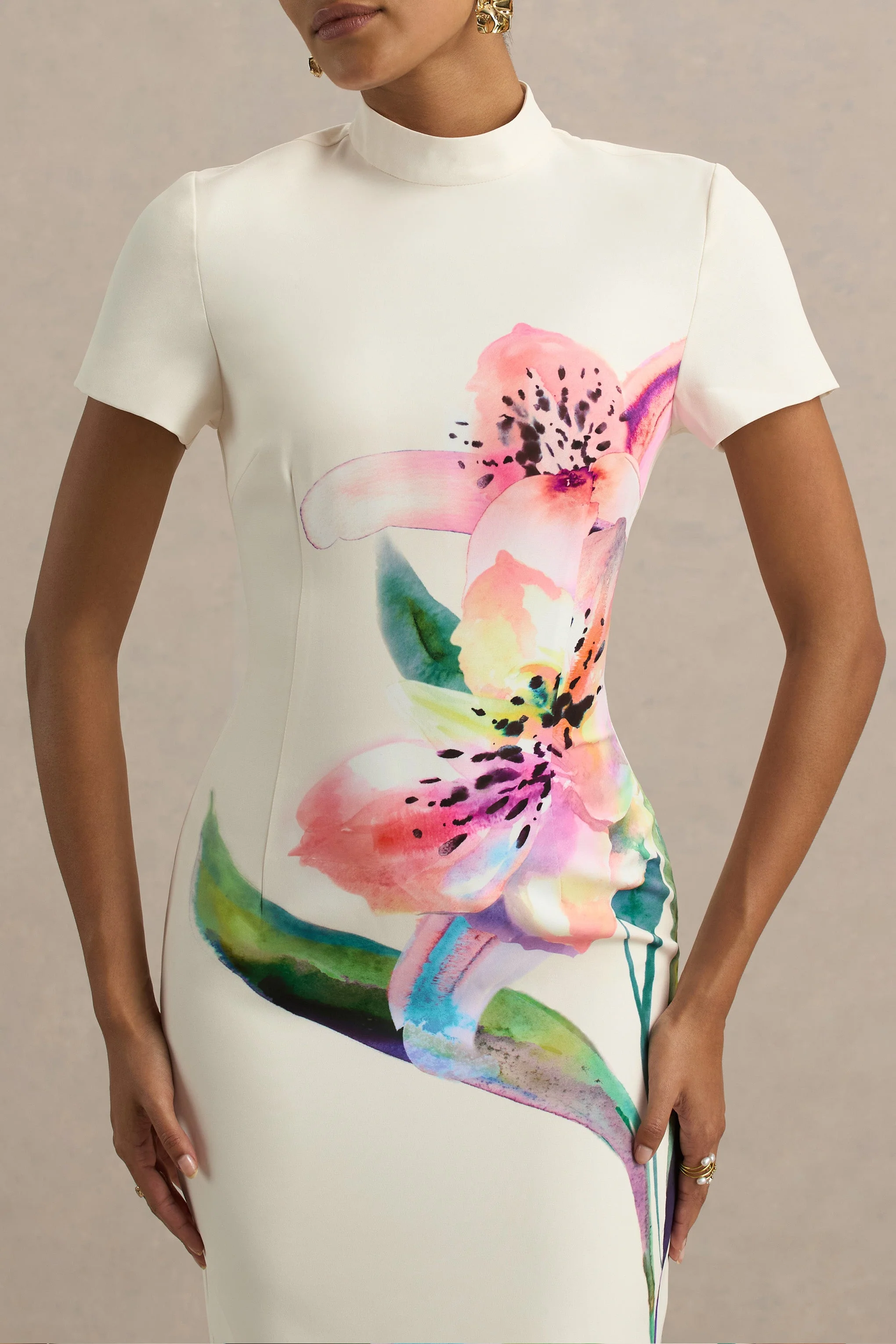 Hessie | Witte Lelie Print Hoge Hals Maxi Jurk - Image 5