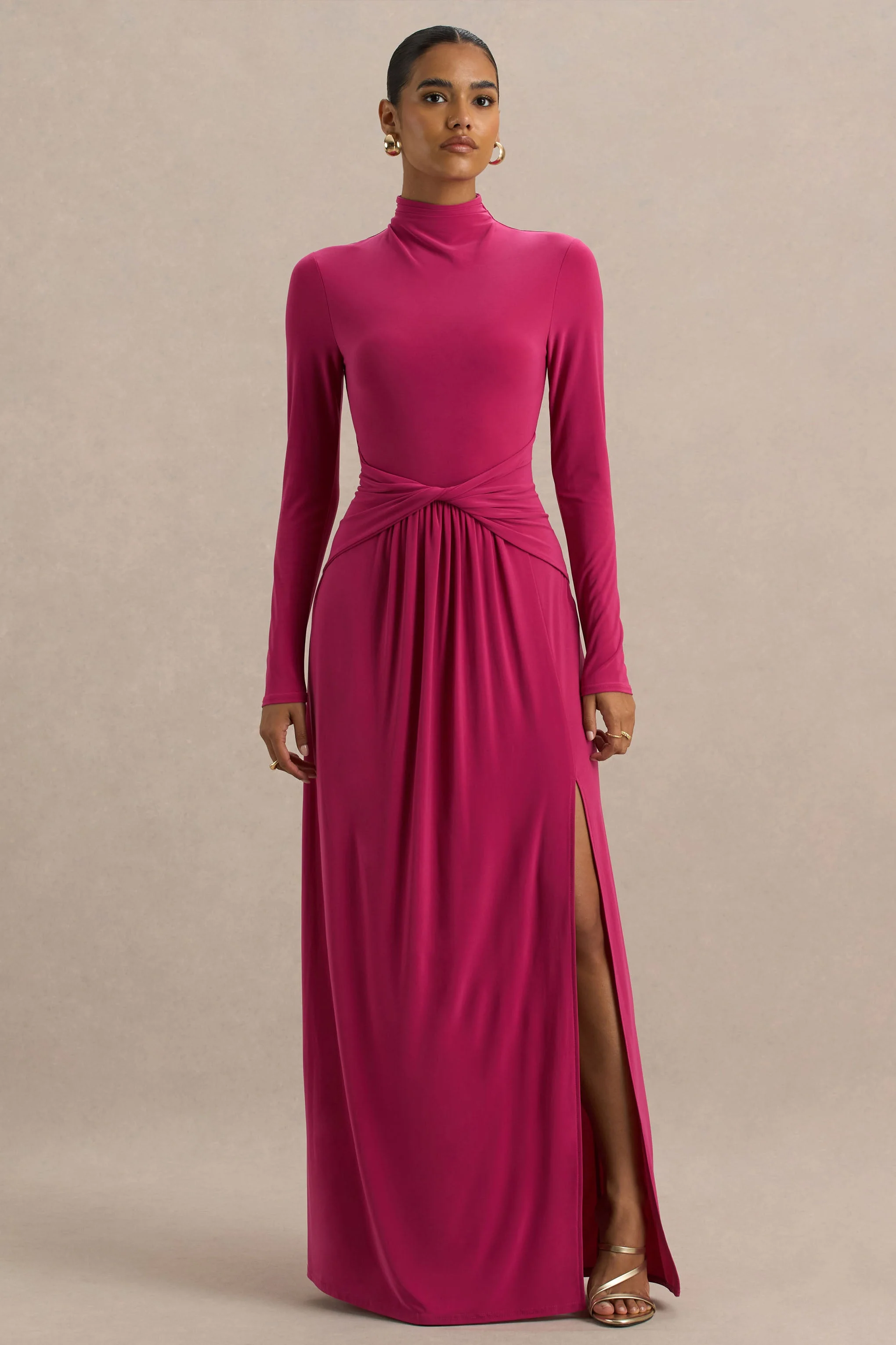 Hourglass | Felroze Gedraaide Maxi Jurk Met Lang Mouwen En Split - Image 3