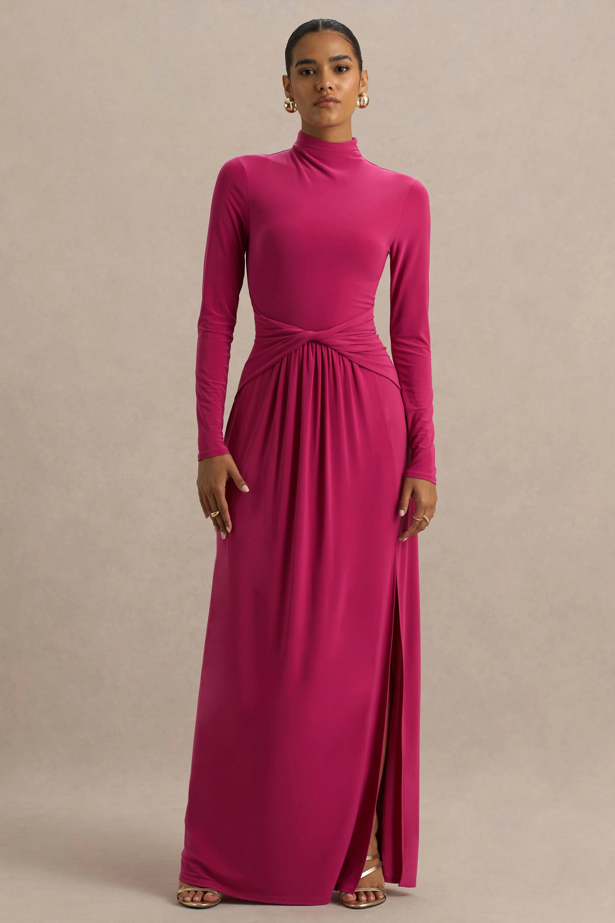 Hourglass | Felroze Gedraaide Maxi Jurk Met Lang Mouwen En Split - Image 4