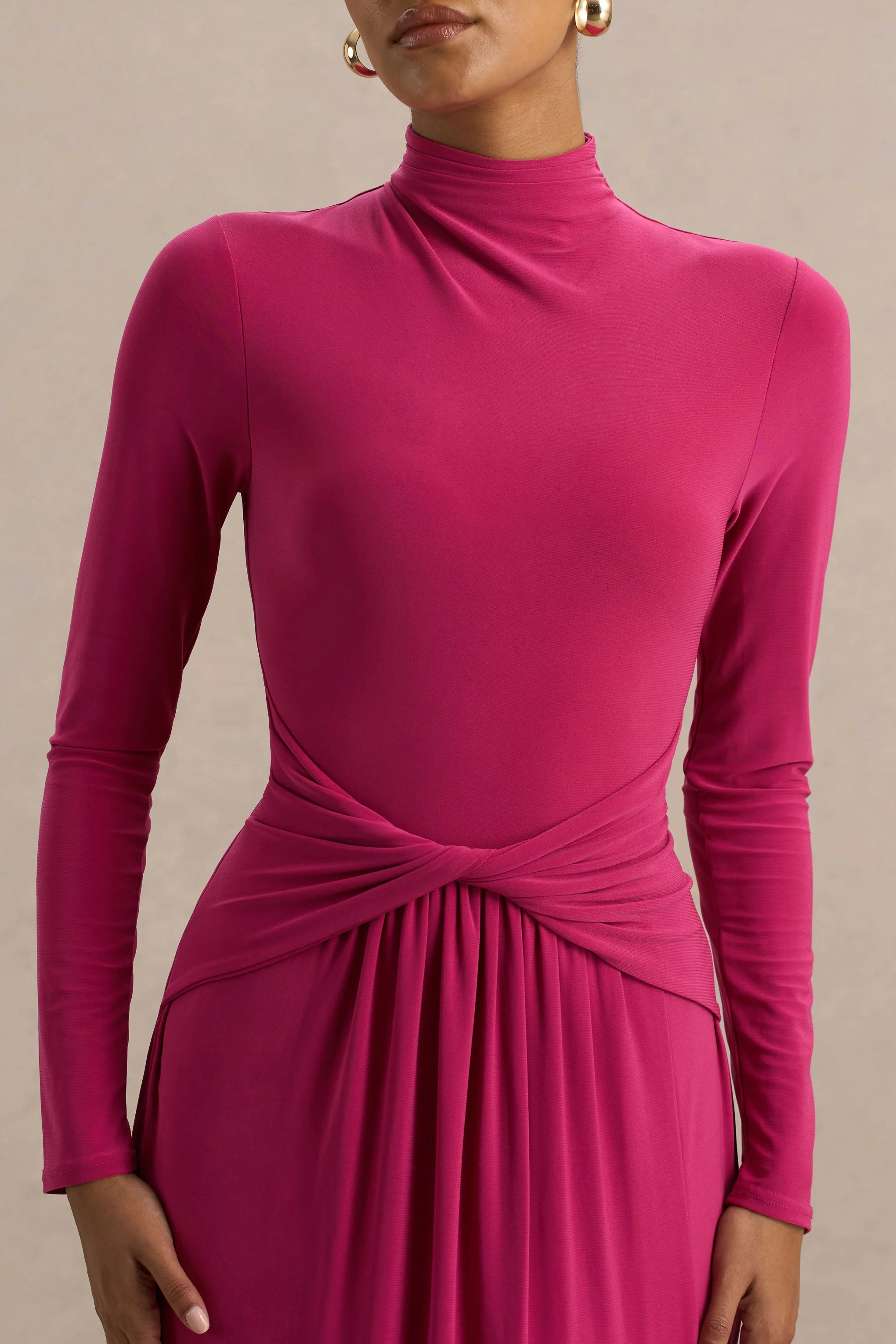 Hourglass | Felroze Gedraaide Maxi Jurk Met Lang Mouwen En Split - Image 5