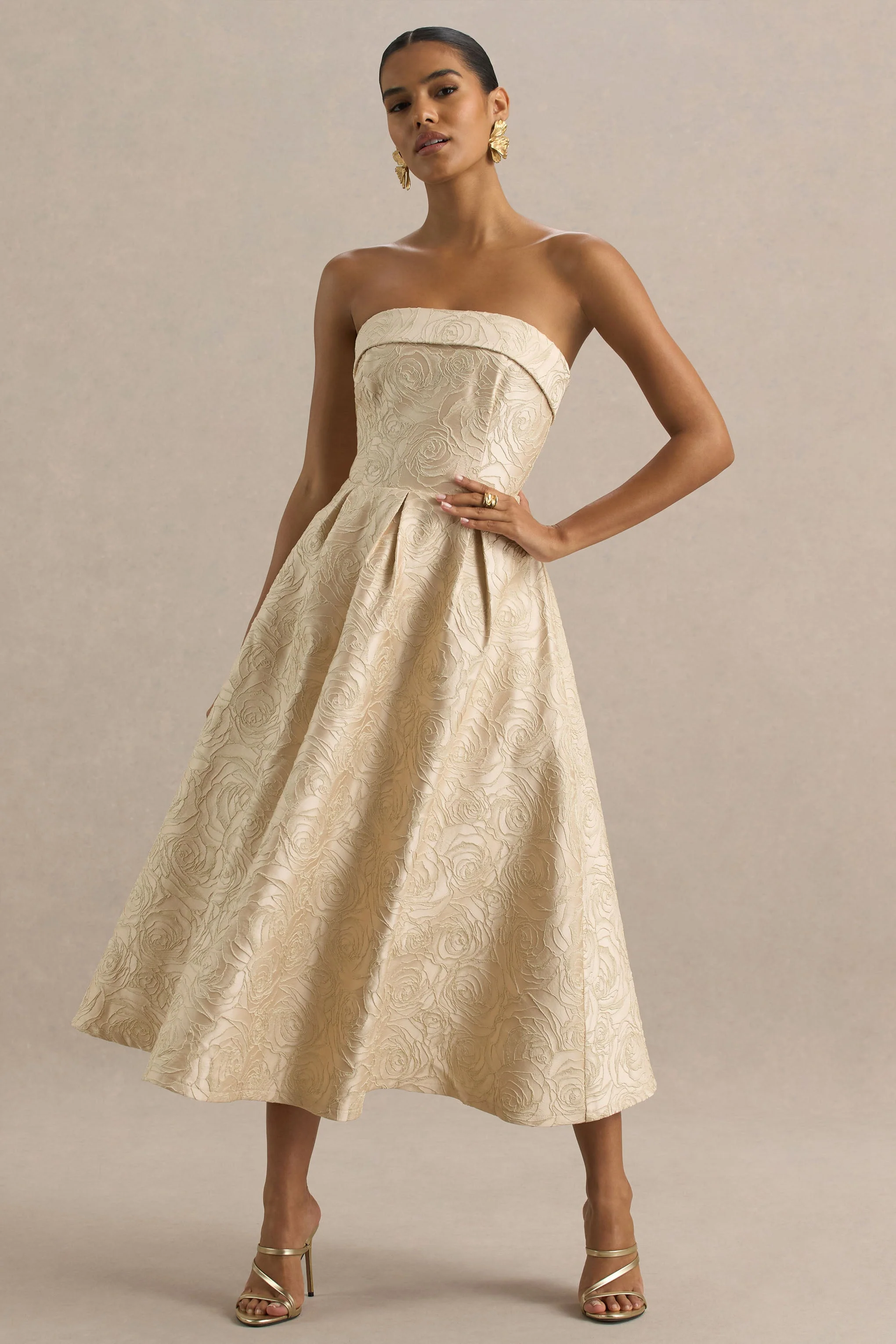 Hypnotic | Gouden Jacquard Bandeau Midi Jurk - Image 4