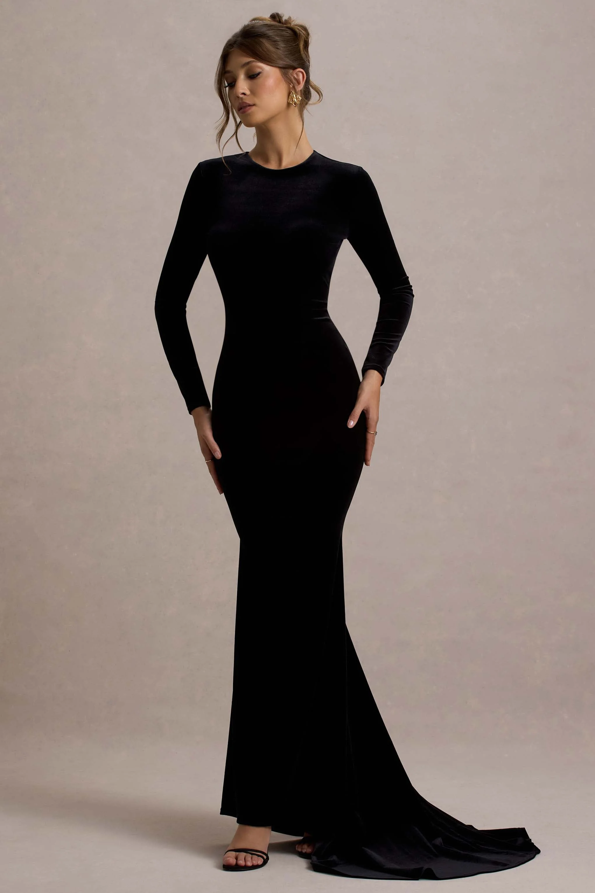 Keaton | Zwarte Velours Maxi Jurk Met Lange Mouwen En Open Rug - Image 4