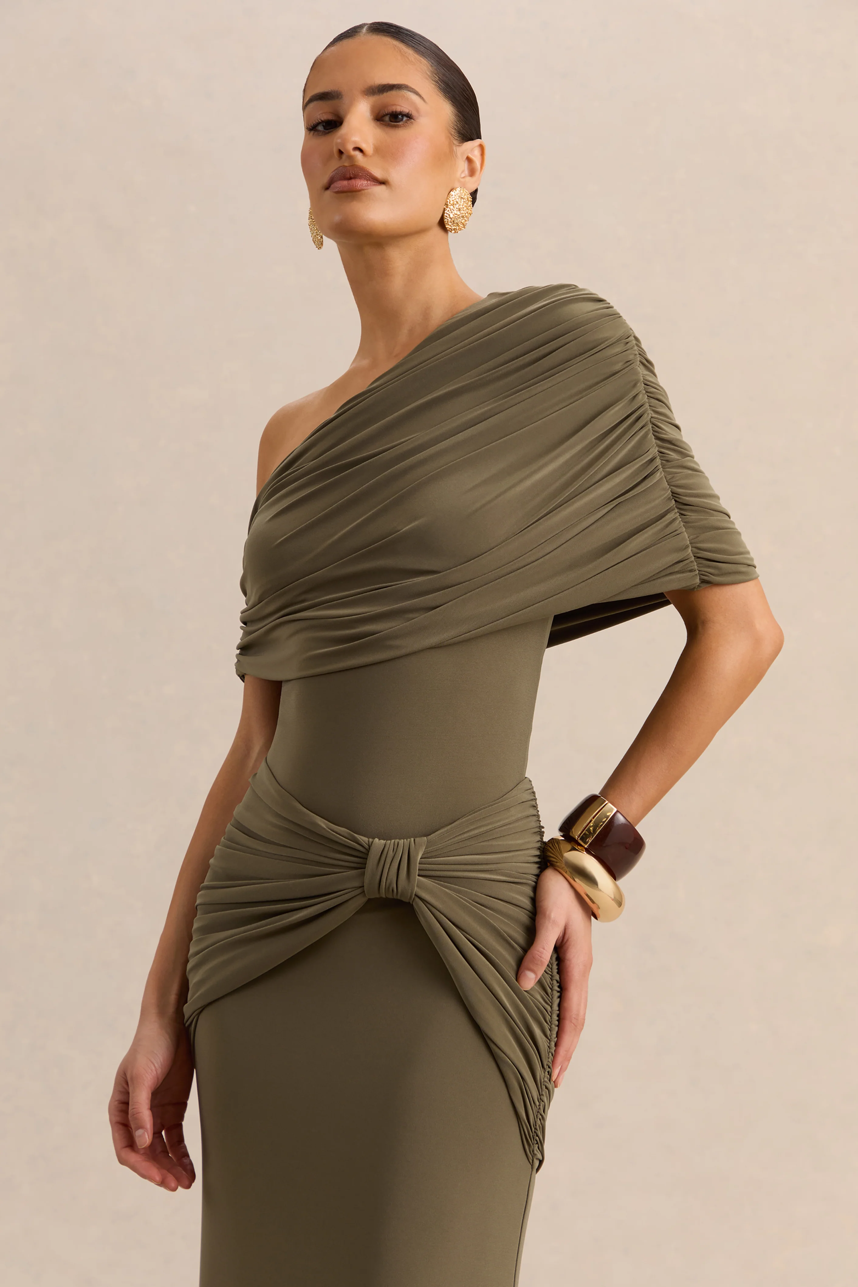 Larelle | Kaki Asymmetrische Hals Body met Gerimpelde Details - Image 6