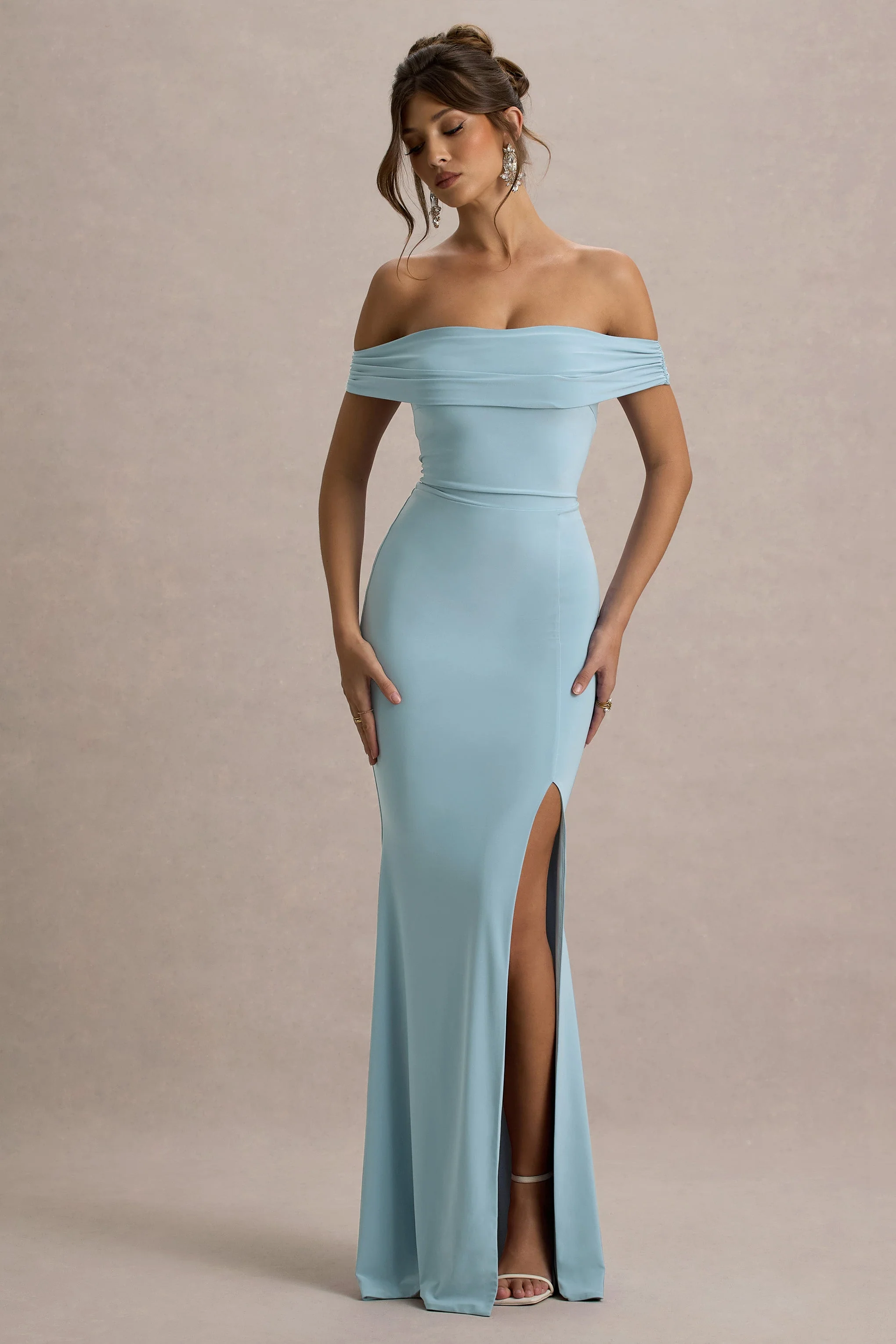 Law of Attraction | Poederblauwe Bardot Draperend Split Maxi Jurk - Image 4