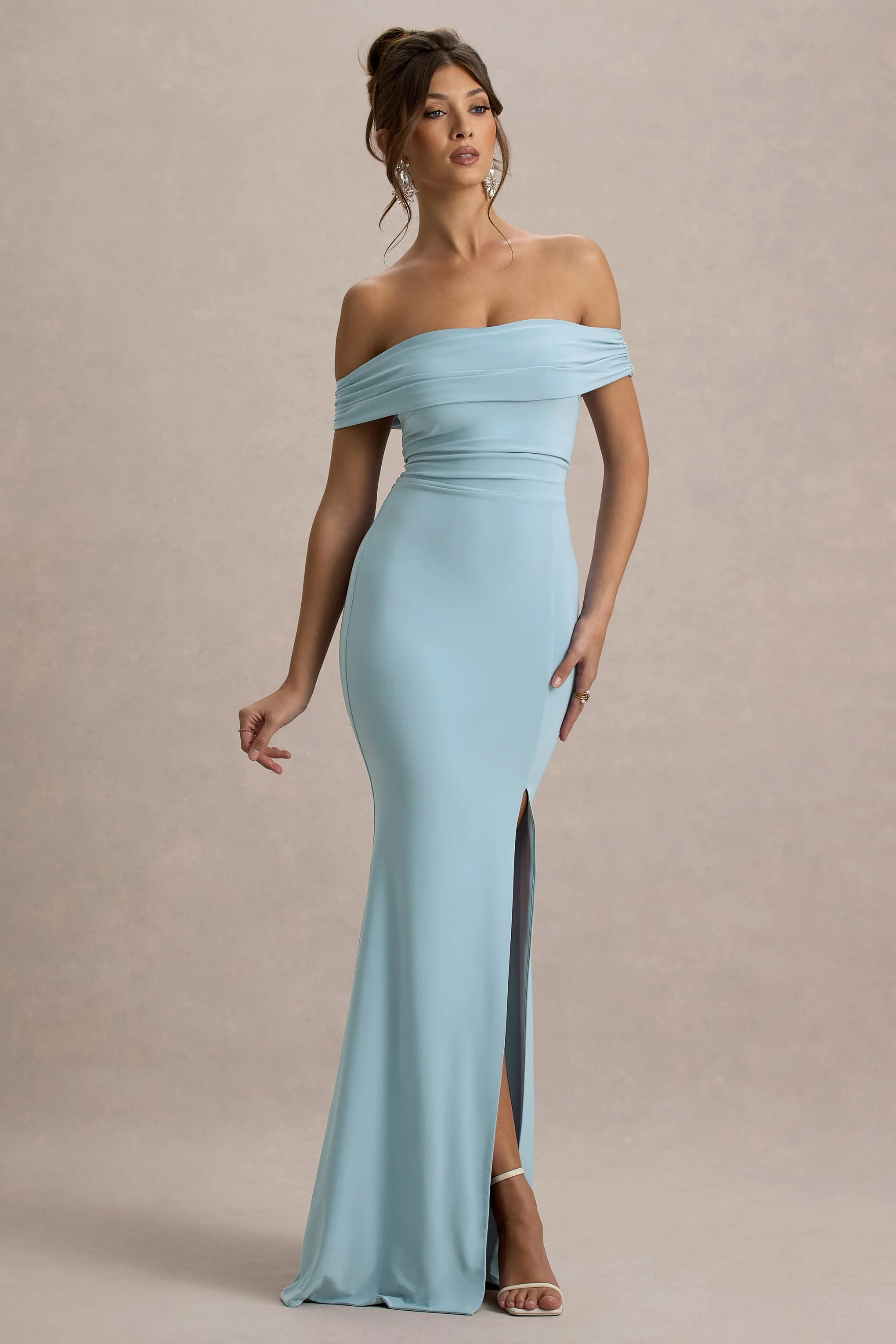 Law of Attraction | Poederblauwe Bardot Draperend Split Maxi Jurk - Image 5