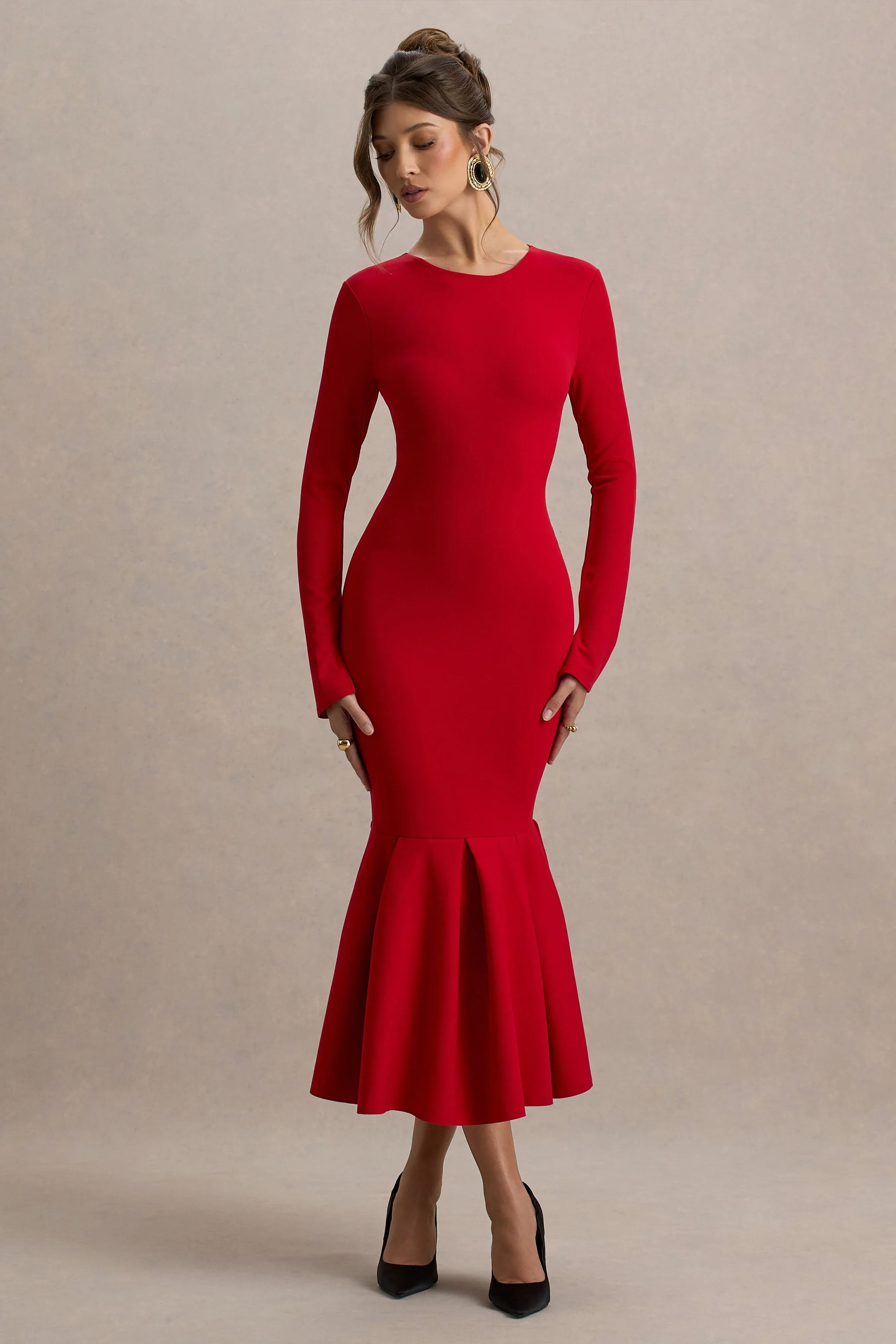 Liberty | Rode Hoge Hals Meermin Maxi Jurk Met Ruches Detail - Image 5