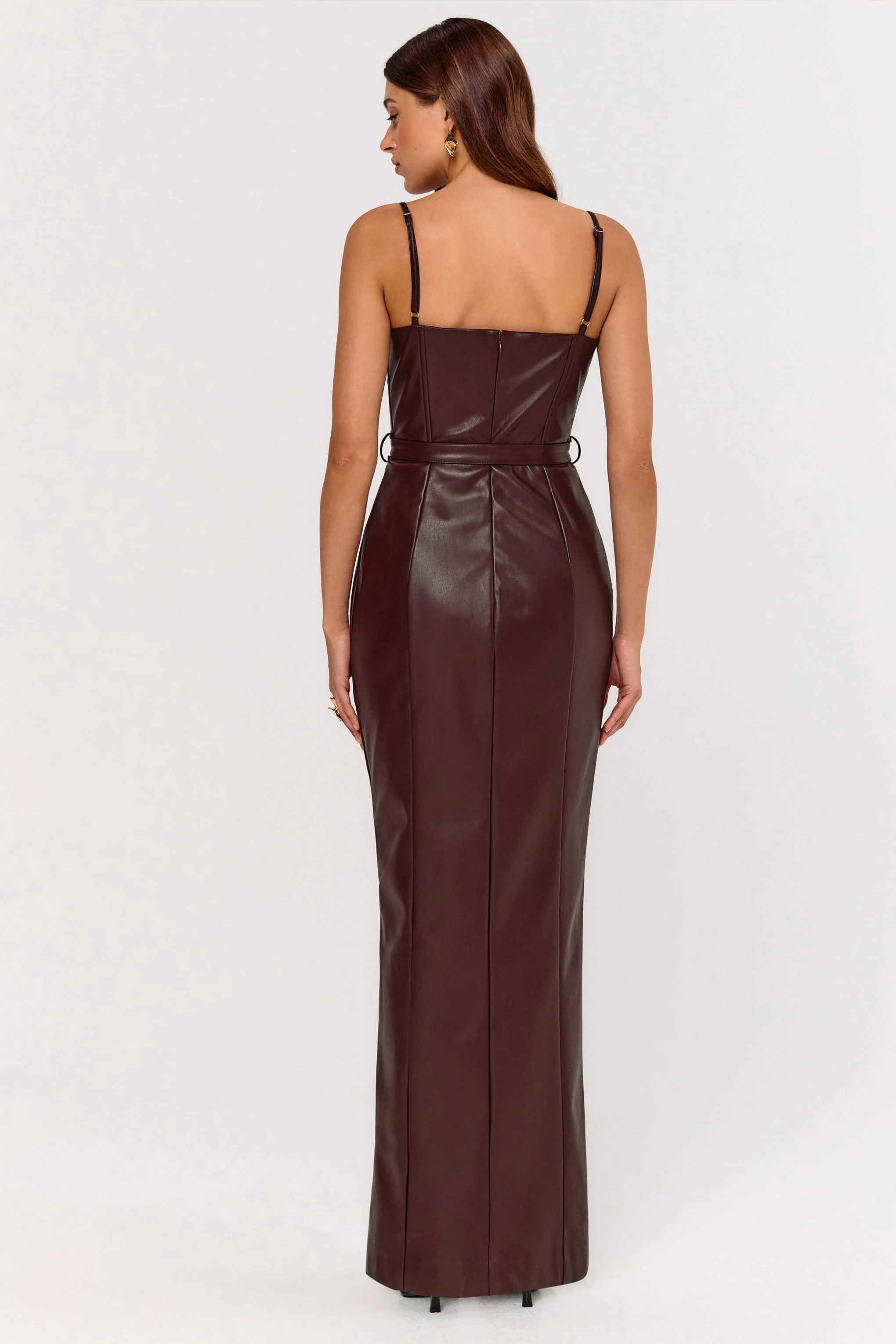 Lila | Bordeaux Kunstleer Diepe V-Hals Maxi Jurk Met Splits - Image 8