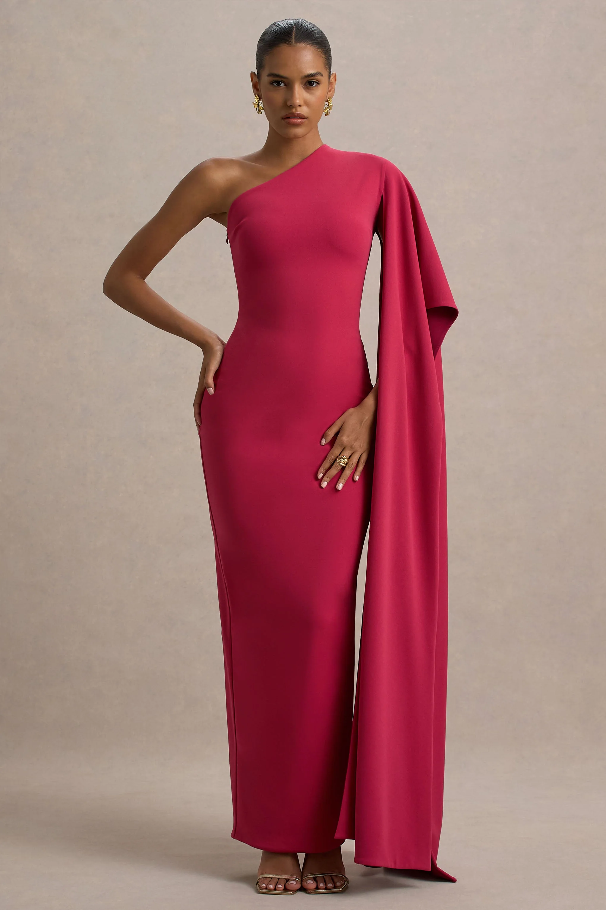 Lily | Felroze & Bordeaux Asymmetrische Maxi Jurk Met Cape Mouw - Image 4