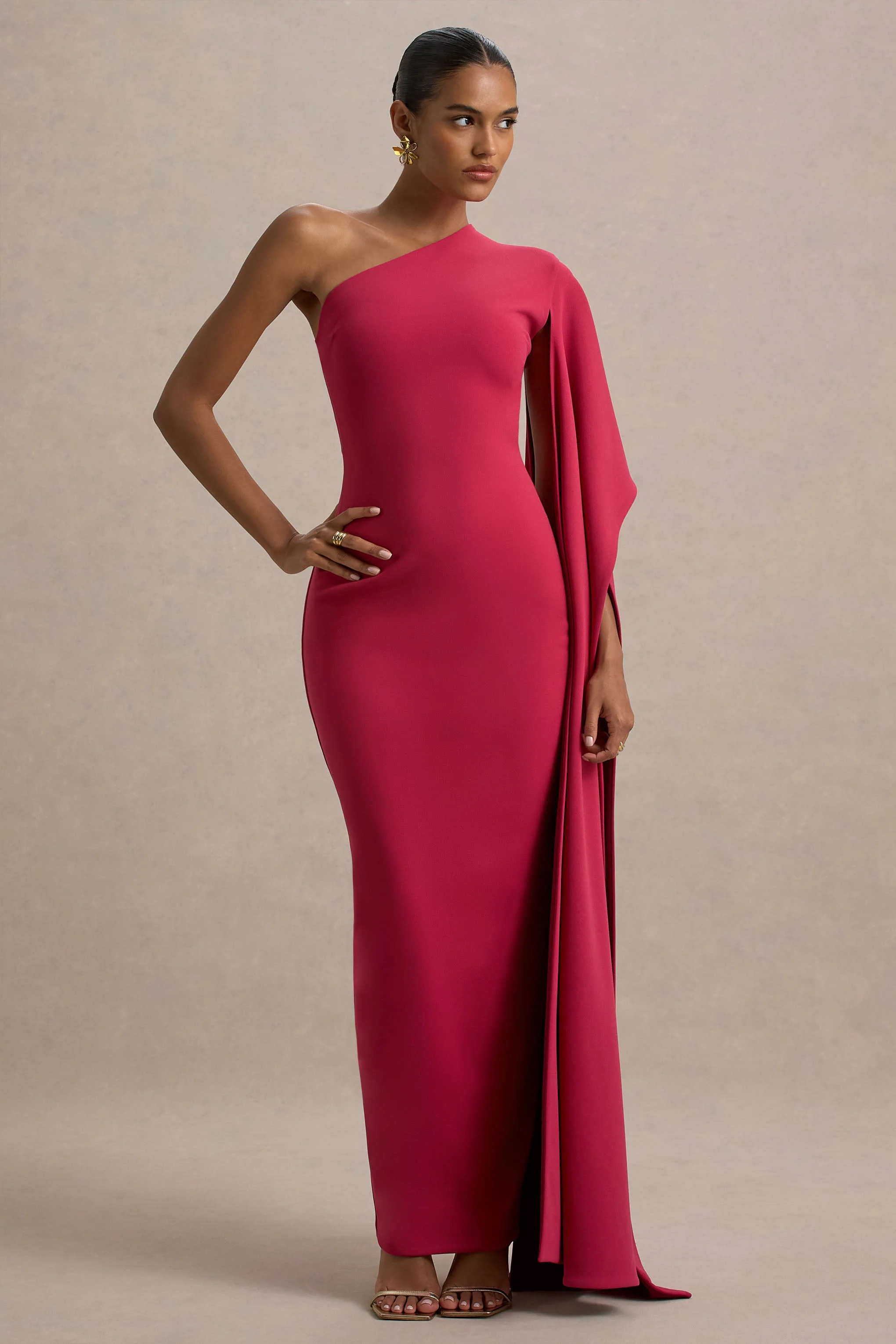 Lily | Felroze & Bordeaux Asymmetrische Maxi Jurk Met Cape Mouw - Image 5