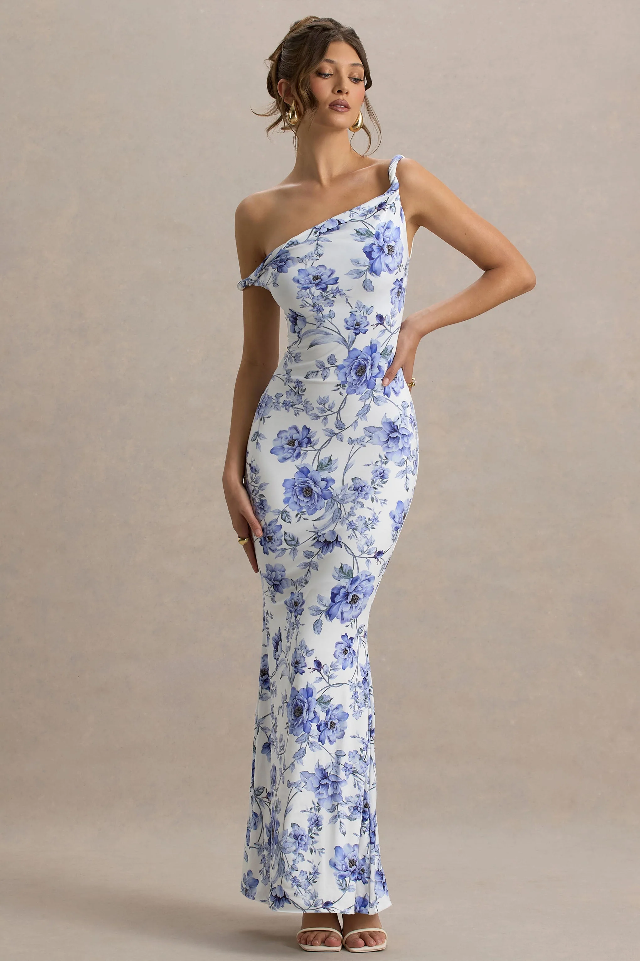 Lita | Blauwe Gedraaide Asymmetrisch Maxi Jurk Met Bloemen print - Image 4