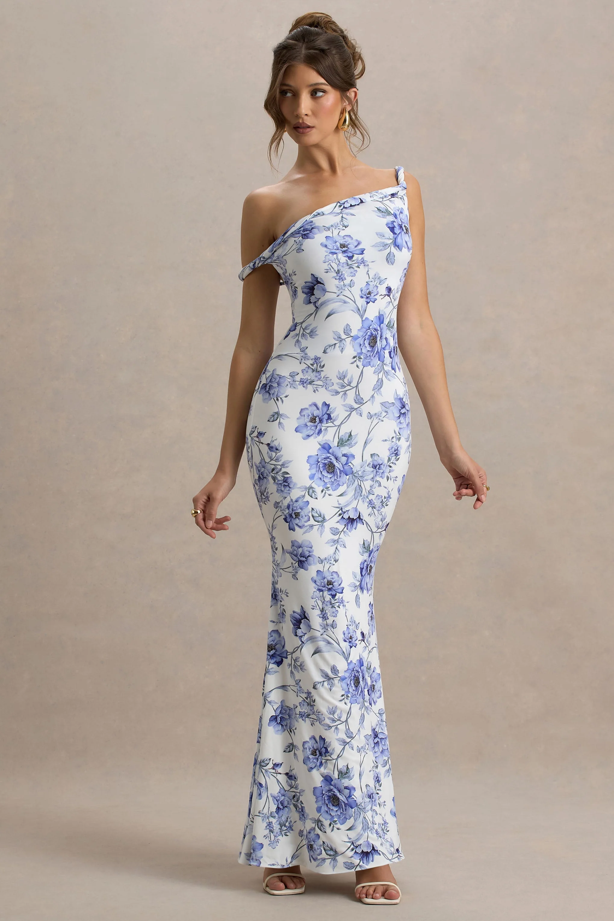 Lita | Blauwe Gedraaide Asymmetrisch Maxi Jurk Met Bloemen print - Image 5