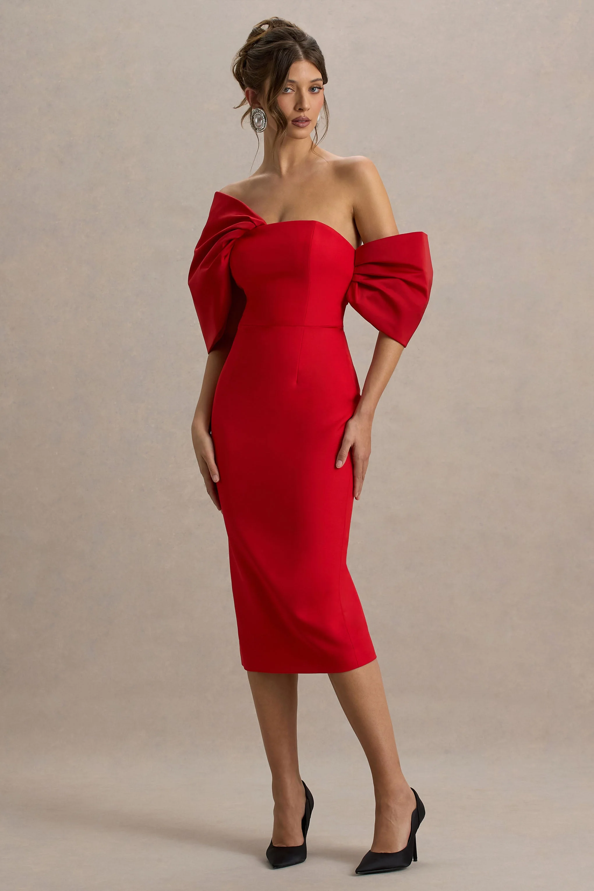 Lucille | Rode Asymmetrische Bardot Midi Jurk - Image 4