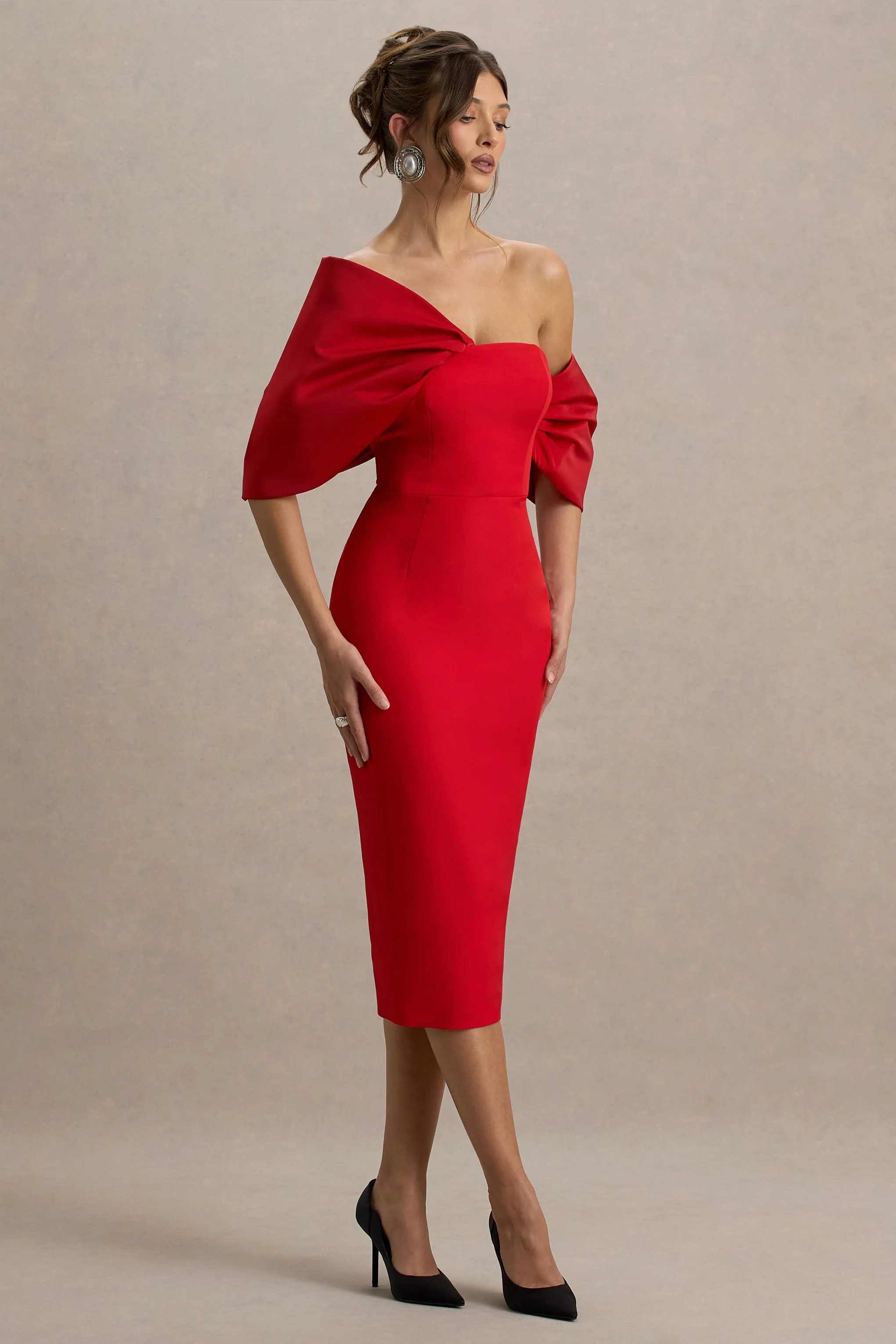 Lucille | Rode Asymmetrische Bardot Midi Jurk - Image 5