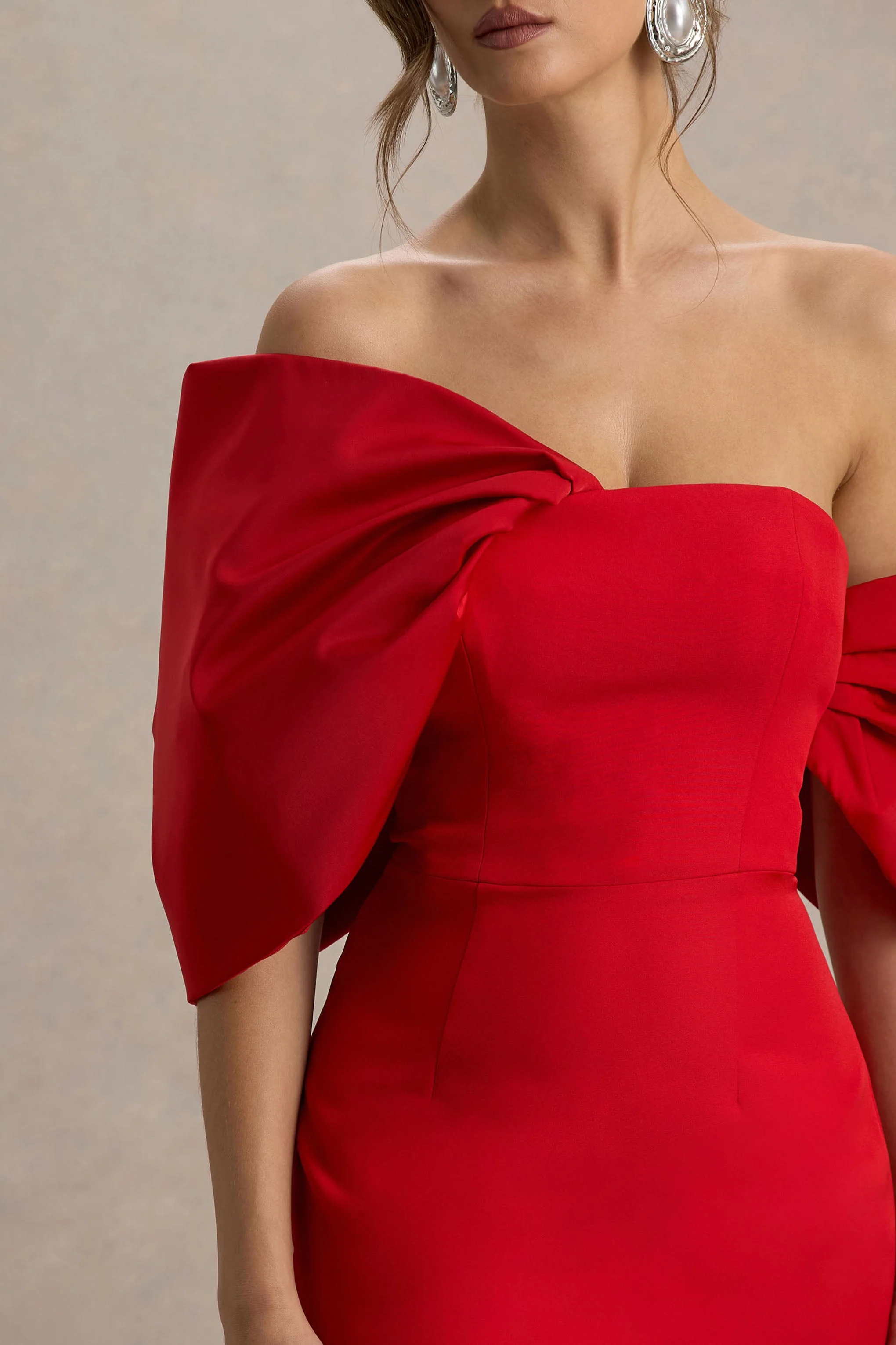 Lucille | Rode Asymmetrische Bardot Midi Jurk - Image 6