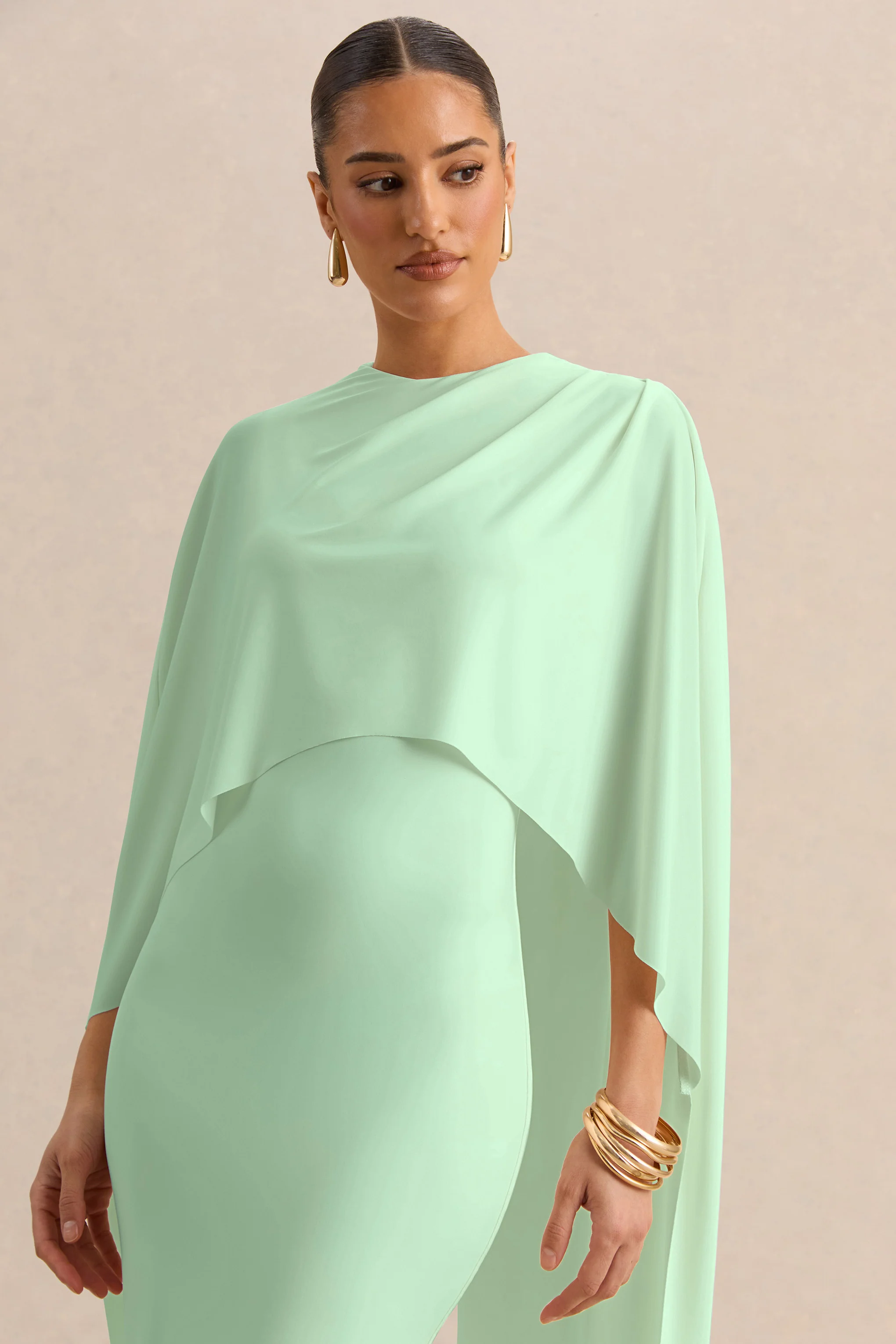 Luxalyn | Groene Midi Jurk Met Ronde Hals En Cape Detail - Image 3