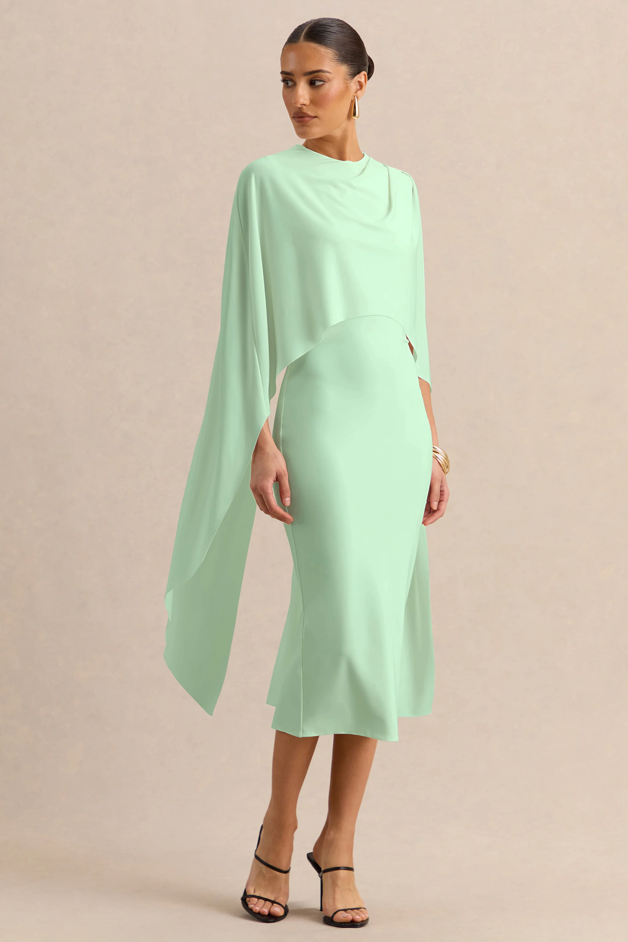 Luxalyn | Groene Midi Jurk Met Ronde Hals En Cape Detail - Image 4