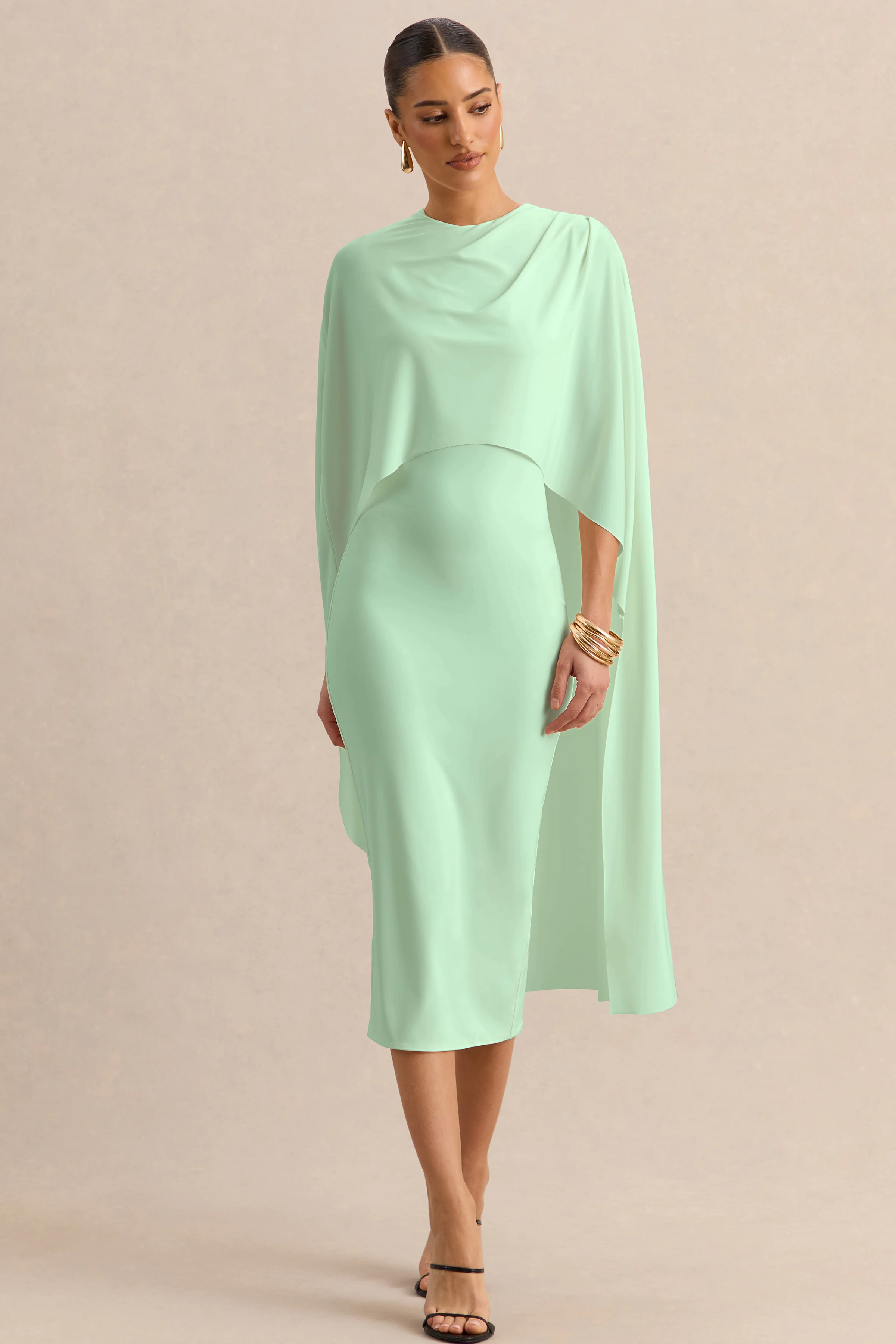 Luxalyn | Groene Midi Jurk Met Ronde Hals En Cape Detail - Image 5