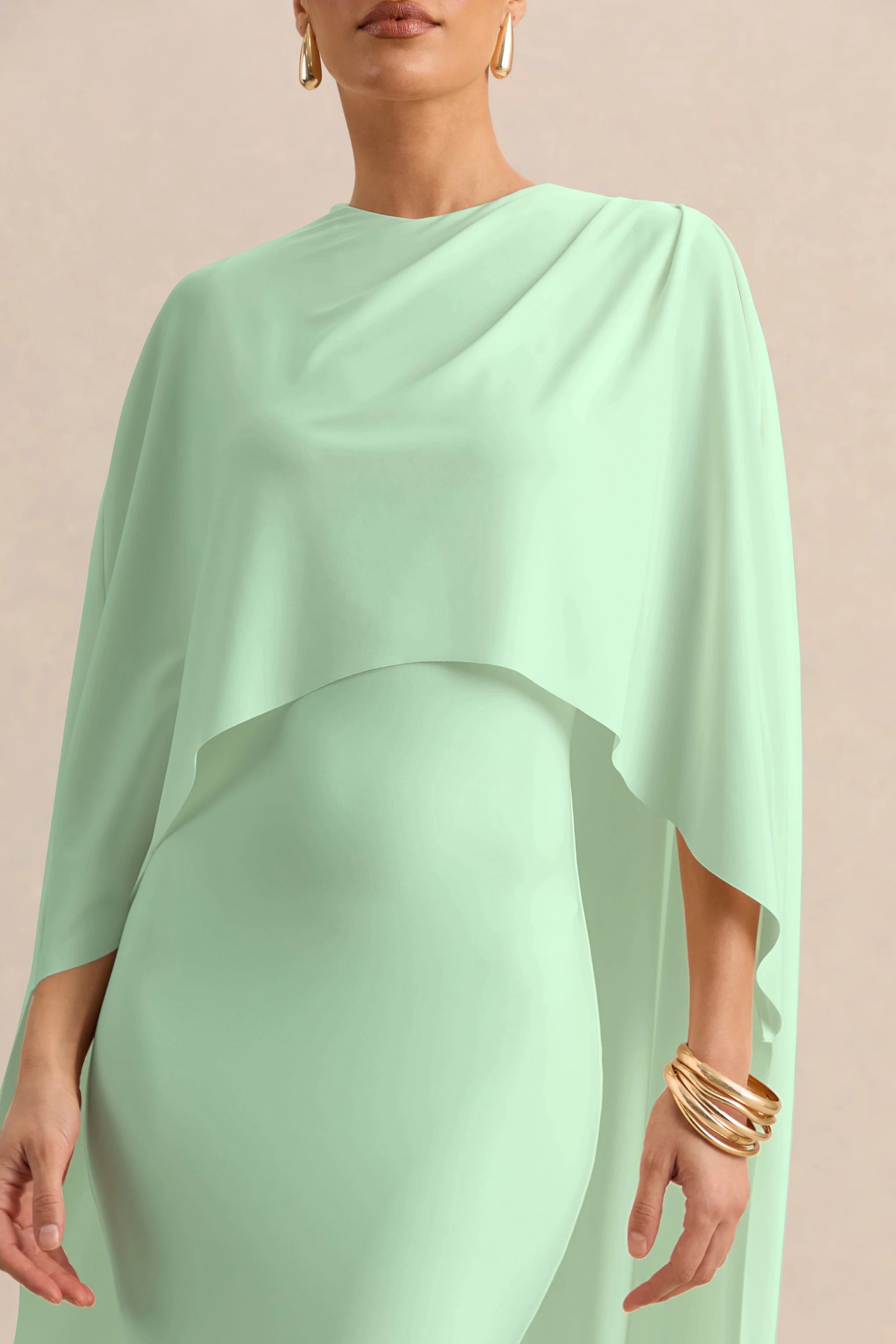 Luxalyn | Groene Midi Jurk Met Ronde Hals En Cape Detail - Image 6