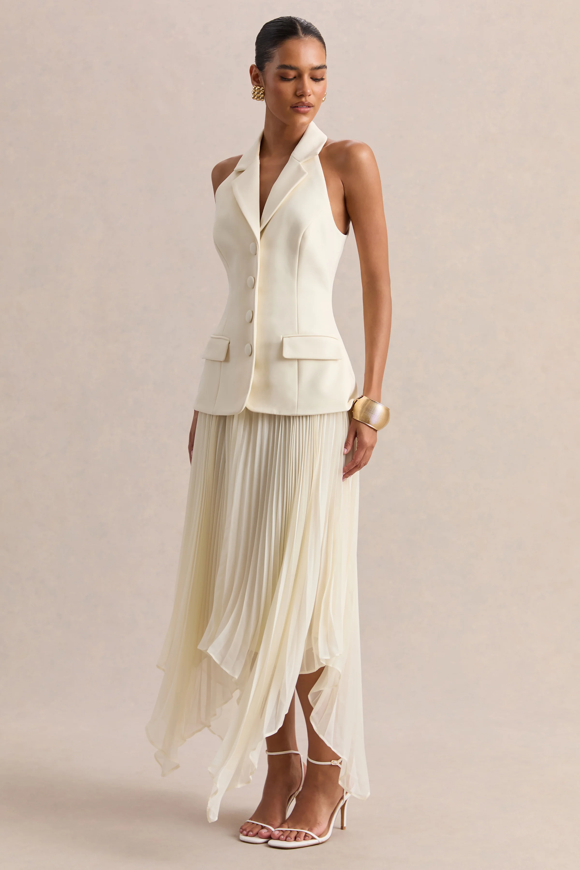 Marvelle | Crème Diepe V-Hals Maxi Jurk Met Zakdoek Zoom - Image 4