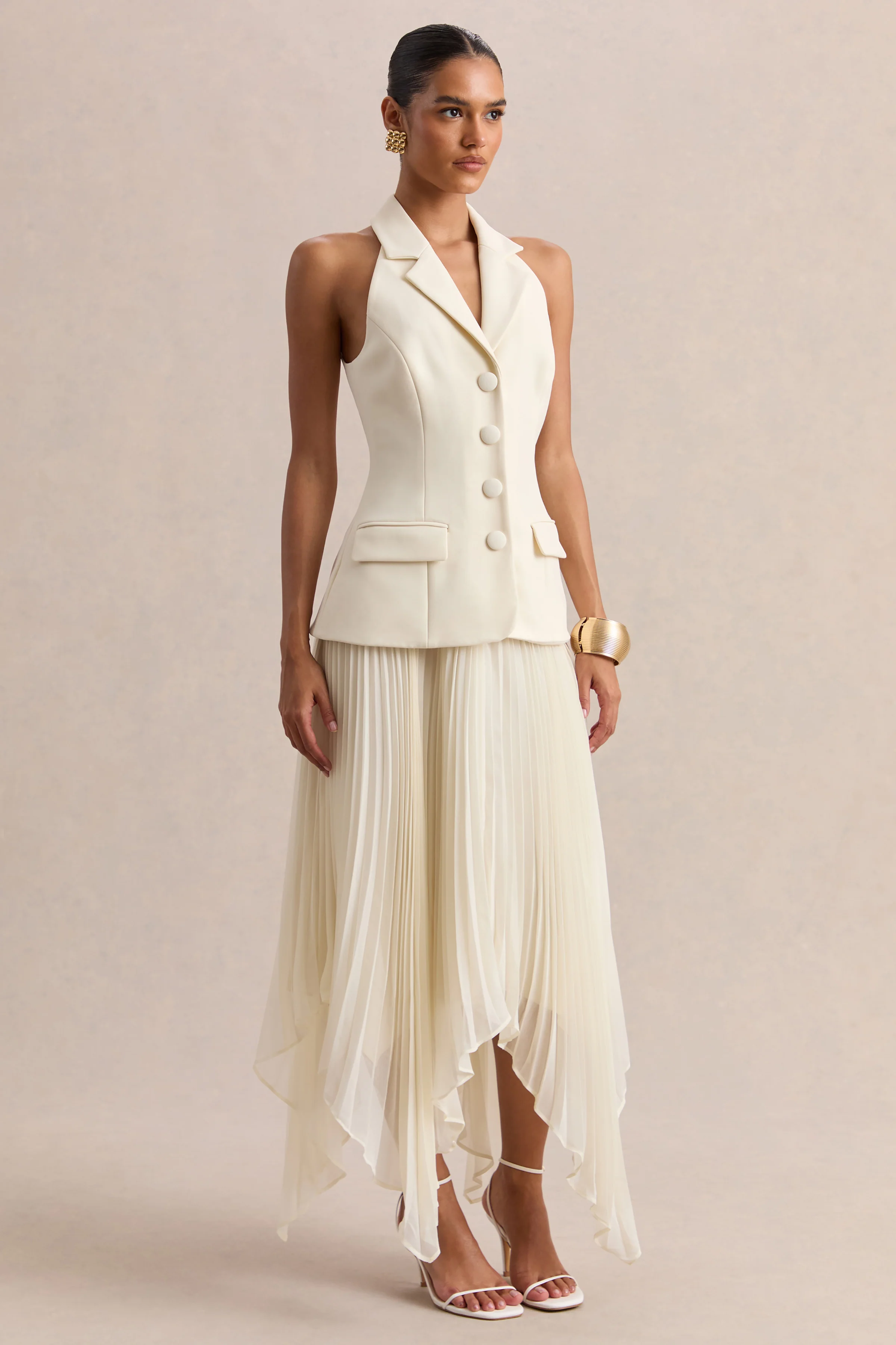 Marvelle | Crème Diepe V-Hals Maxi Jurk Met Zakdoek Zoom - Image 5