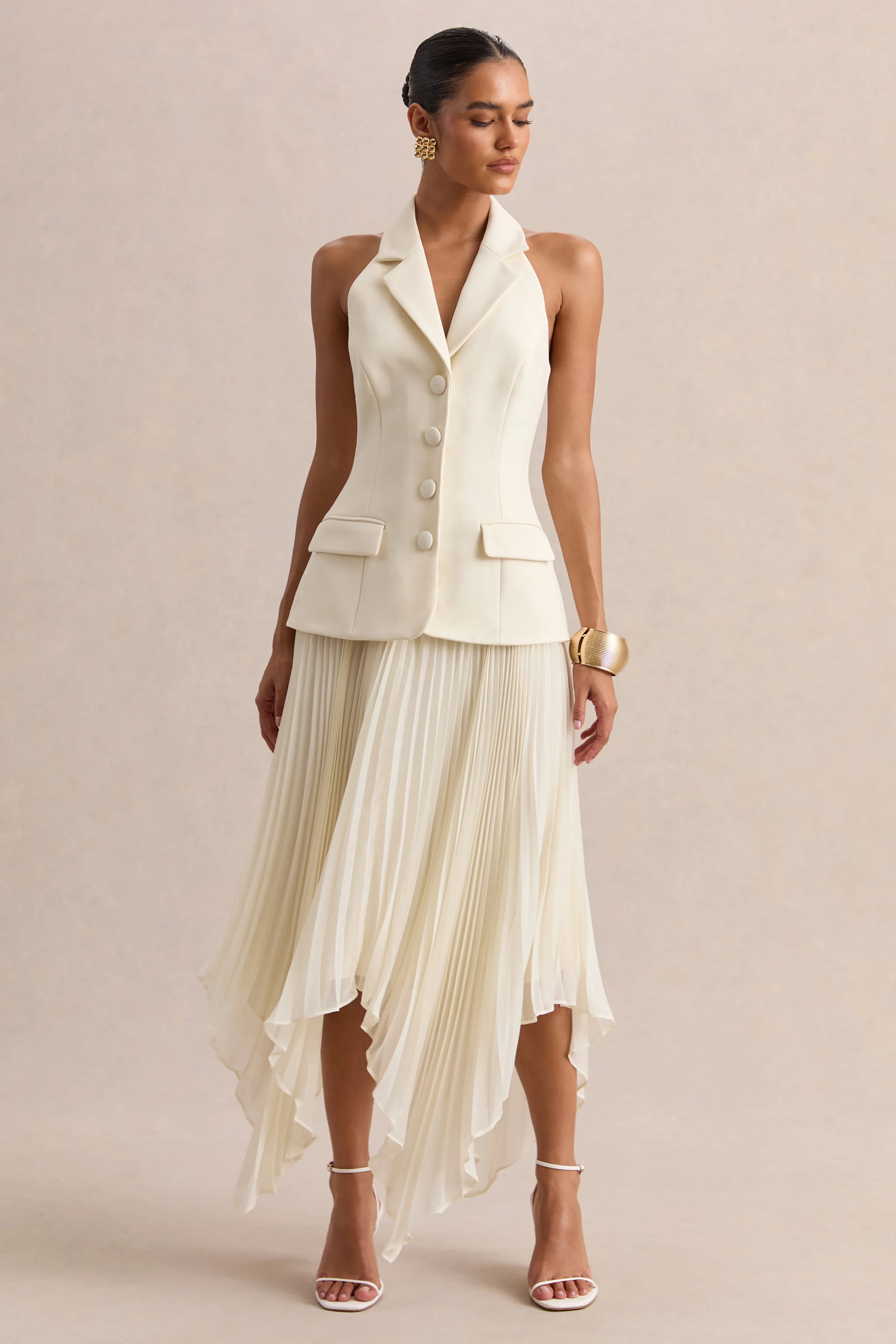 Marvelle | Crème Diepe V-Hals Maxi Jurk Met Zakdoek Zoom - Image 6