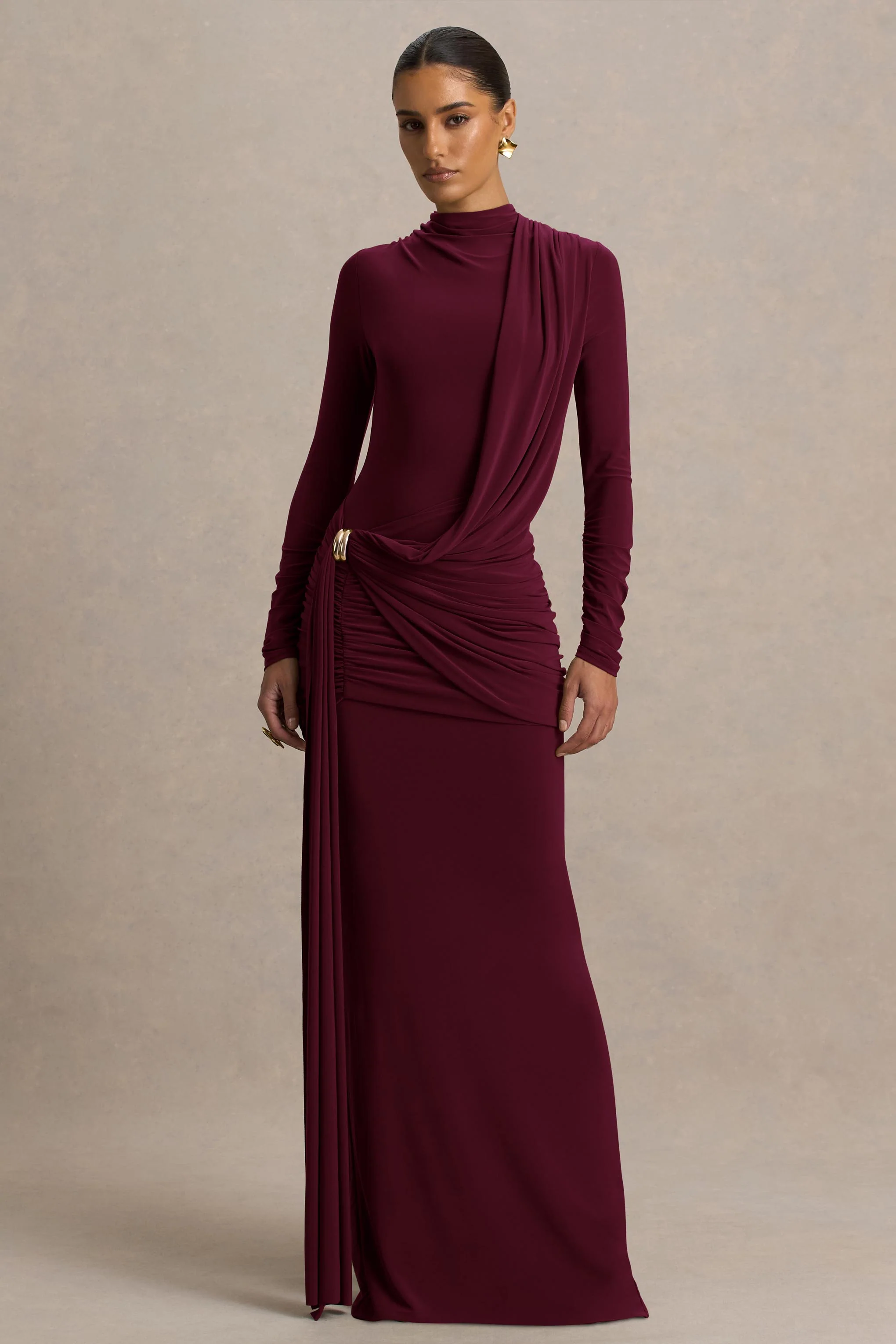 Melissa | Bordeaux Overslag Maxi Jurk Met Lange Mouwen En Gerimpelde Details - Image 4