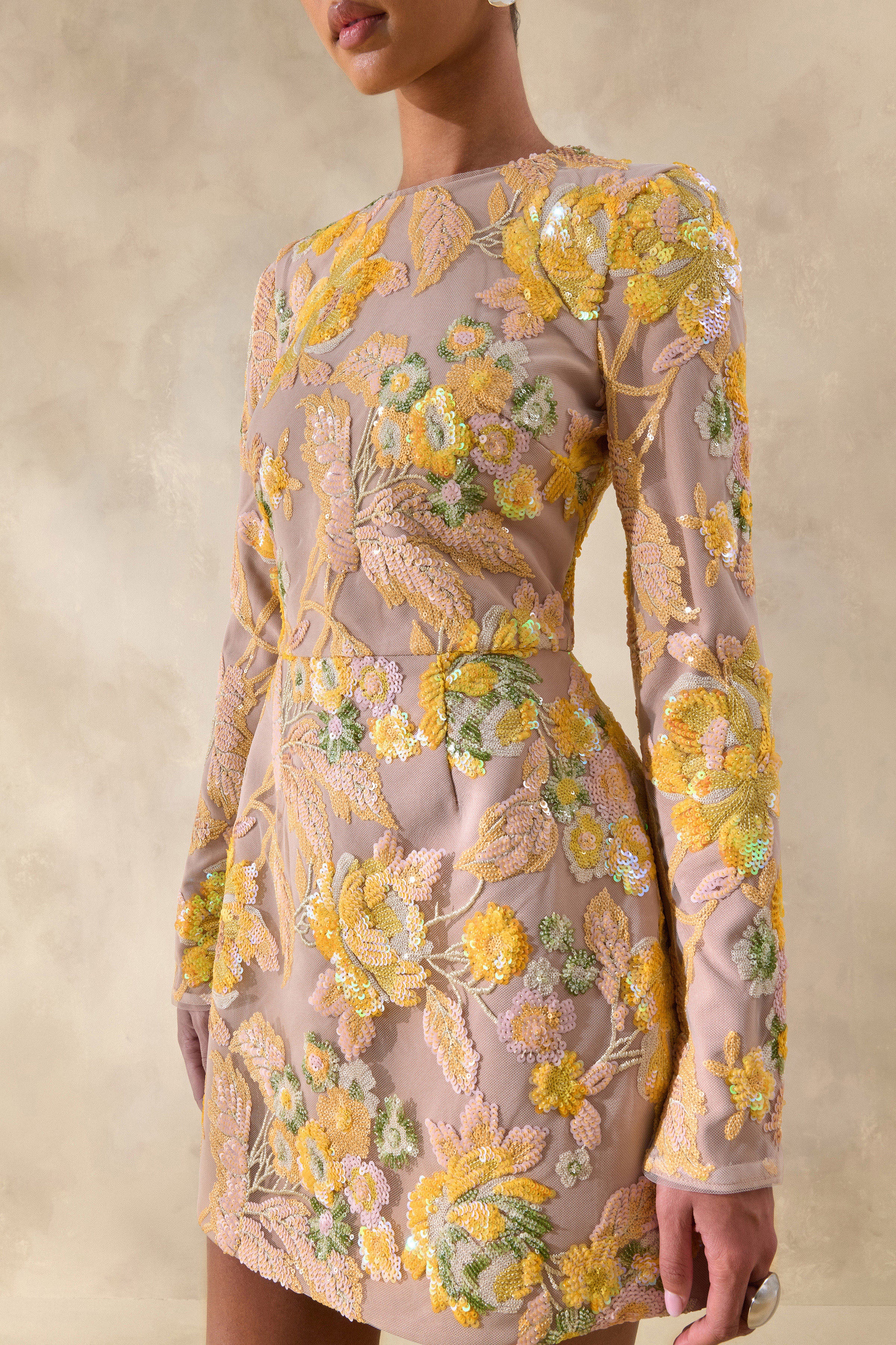 Merdia | Gele Versierde Bloemenprint Ronde Hals Mini Jurk - Image 3
