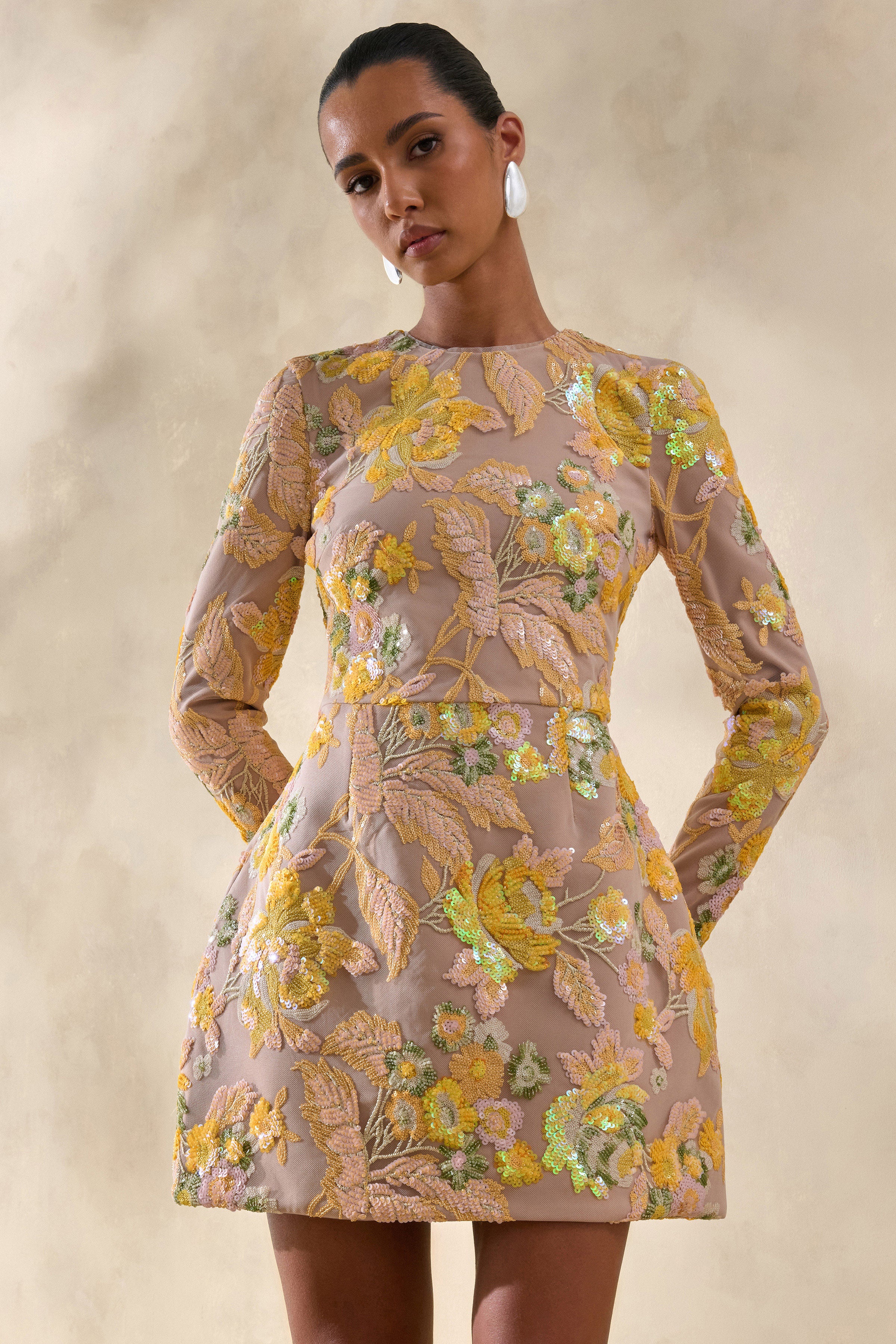 Merdia | Gele Versierde Bloemenprint Ronde Hals Mini Jurk - Image 6
