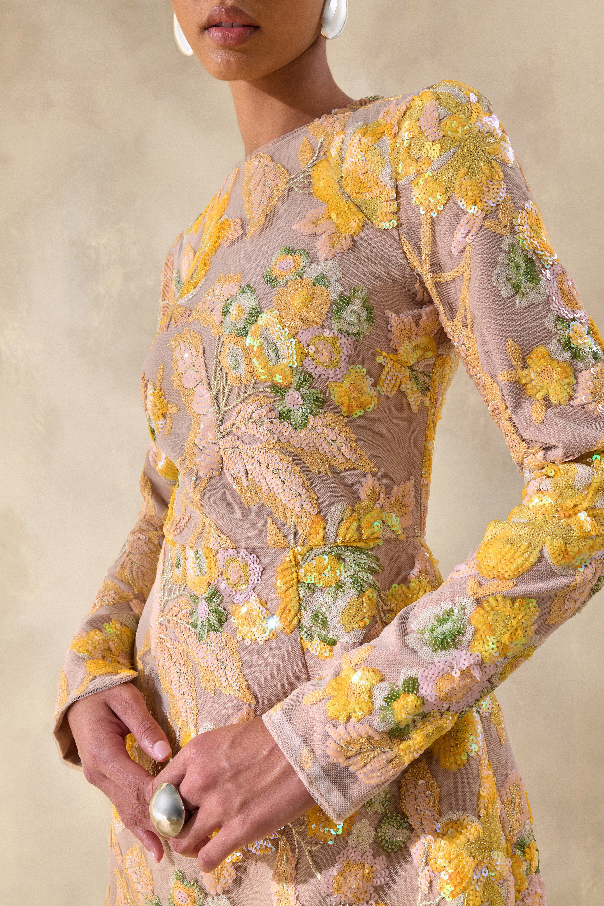Merdia | Gele Versierde Bloemenprint Ronde Hals Mini Jurk - Image 8