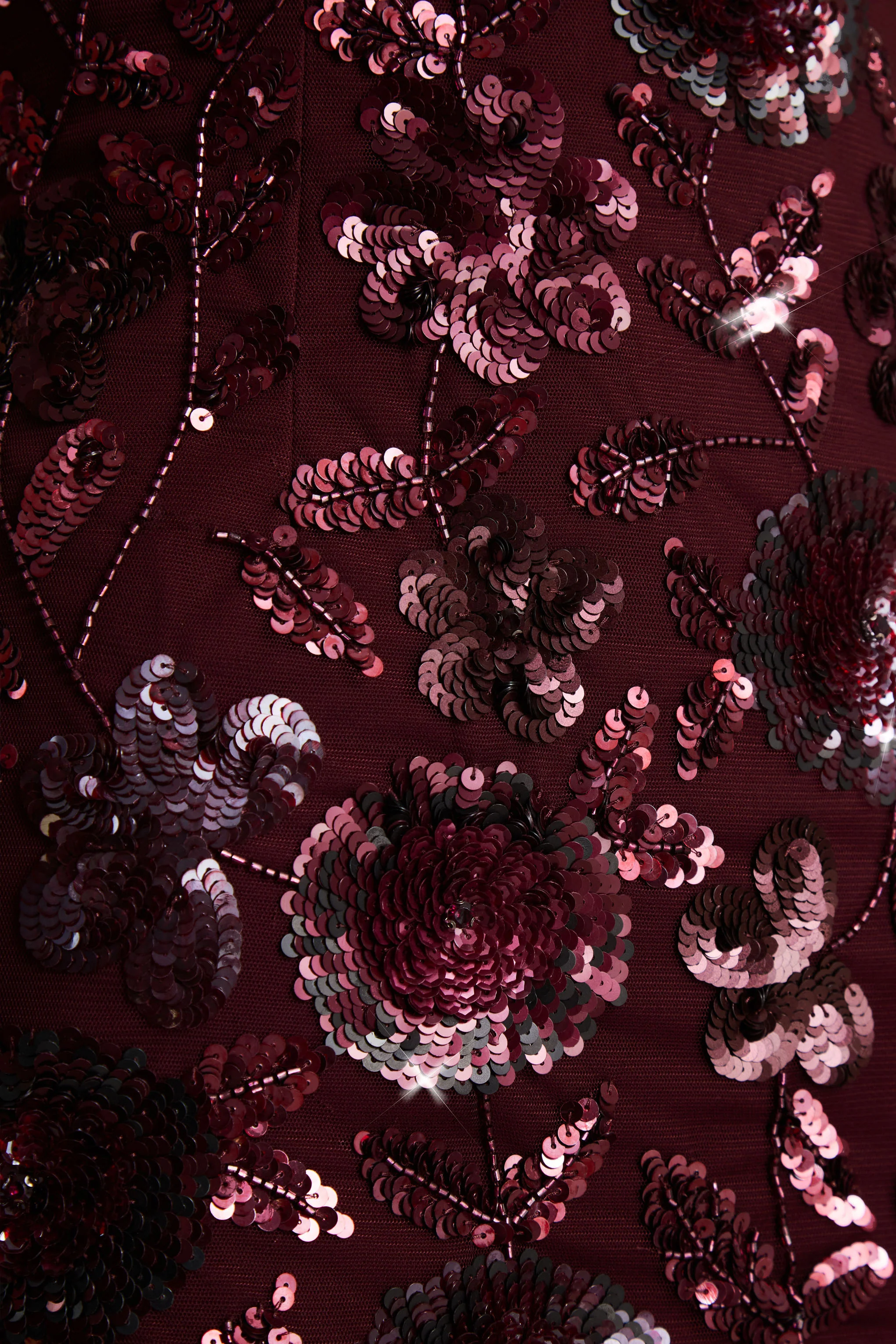 Moonshine | Bordeaux Bloemen Pailletten Versierde Mini Jurk Met Vierkante Hals - Image 7