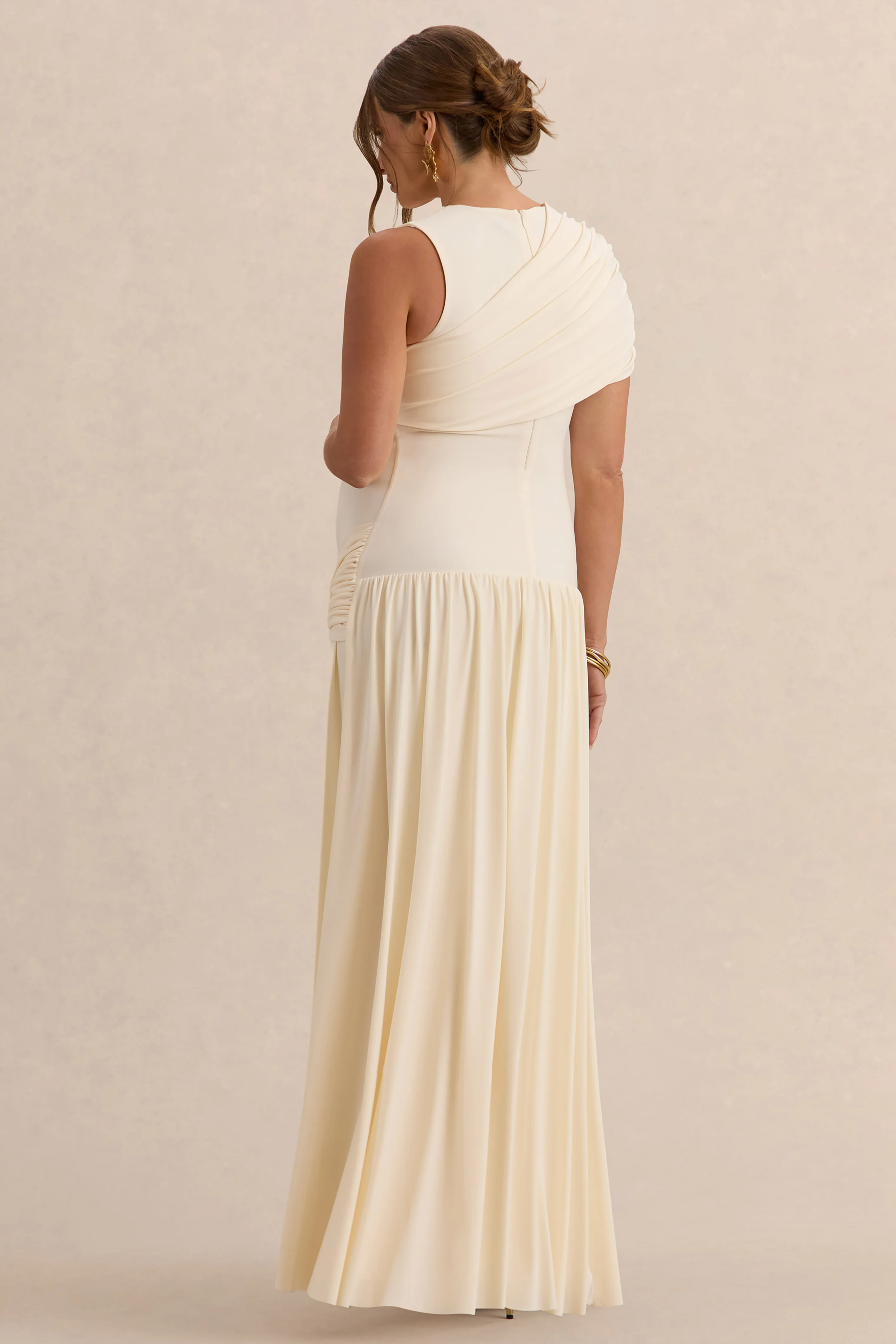 Naida | Crème Ronde Hals Zwangerschap Maxi Jurk Met Draperend Detail - Image 2