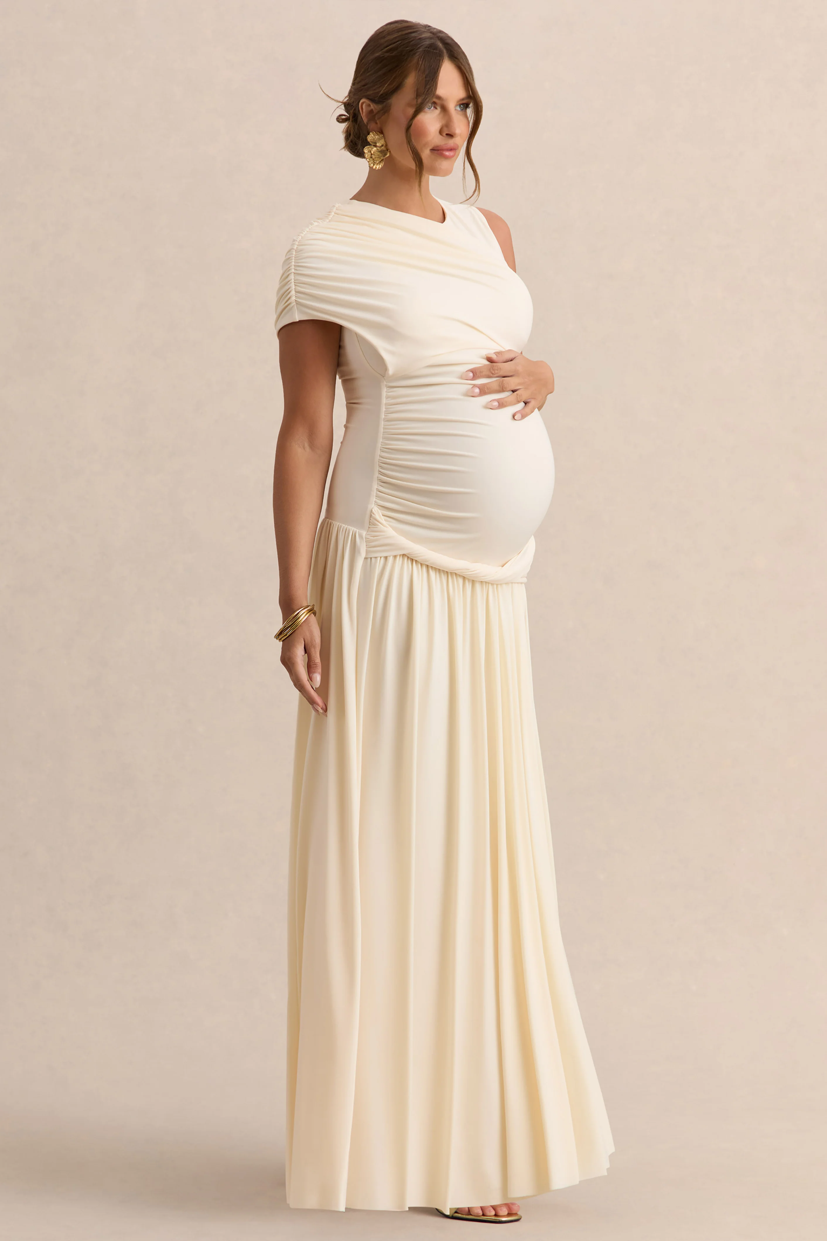 Naida | Crème Ronde Hals Zwangerschap Maxi Jurk Met Draperend Detail - Image 4