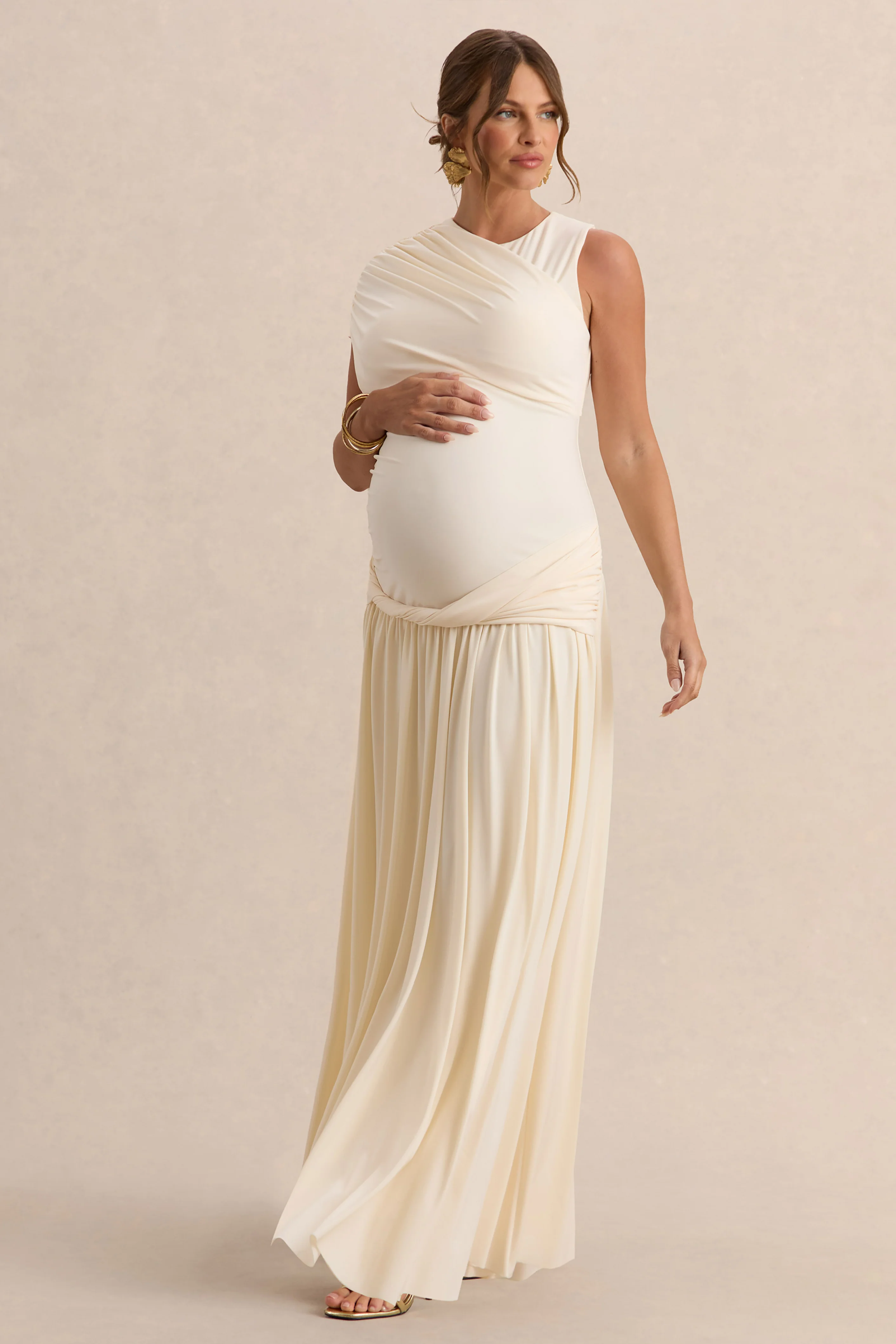 Naida | Crème Ronde Hals Zwangerschap Maxi Jurk Met Draperend Detail - Image 5