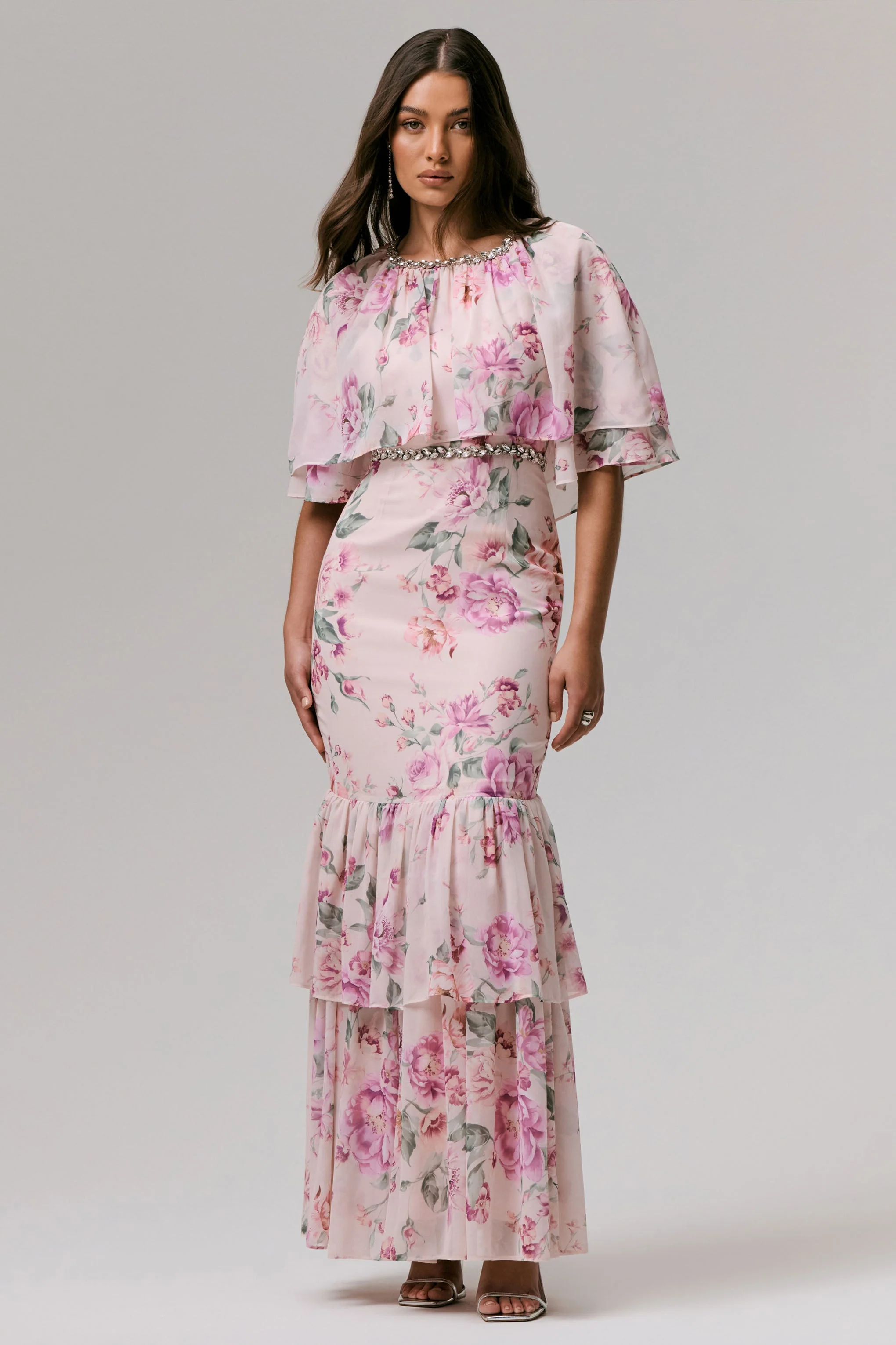 Never Let Go | Roze Bloemenprint Chiffon Maxi Jurk Met Gelaagde Zoom - Image 7