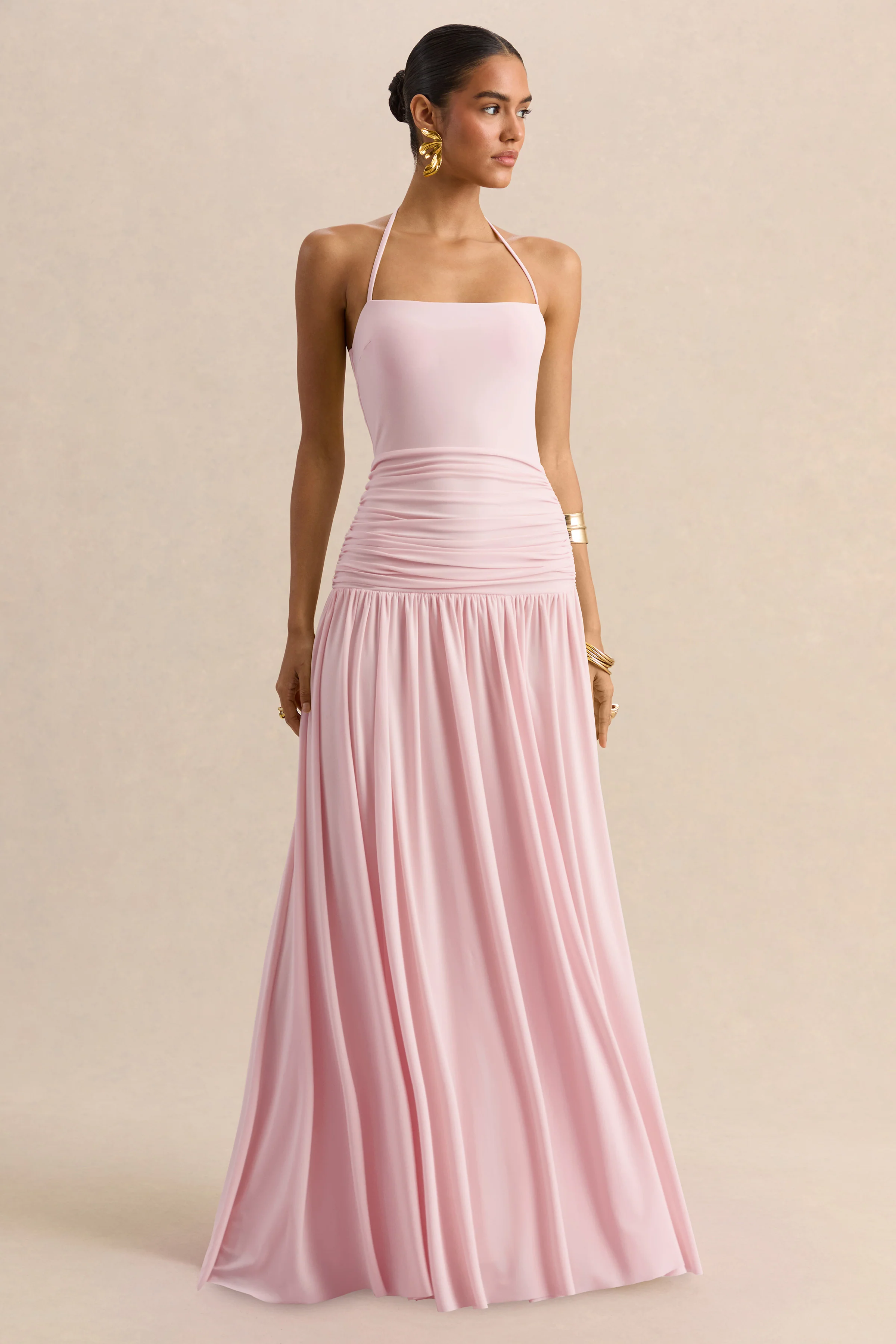 Nicolette | Roze Vierkante Hals Maxi Jurk Met Gerimpeld Detail - Image 4
