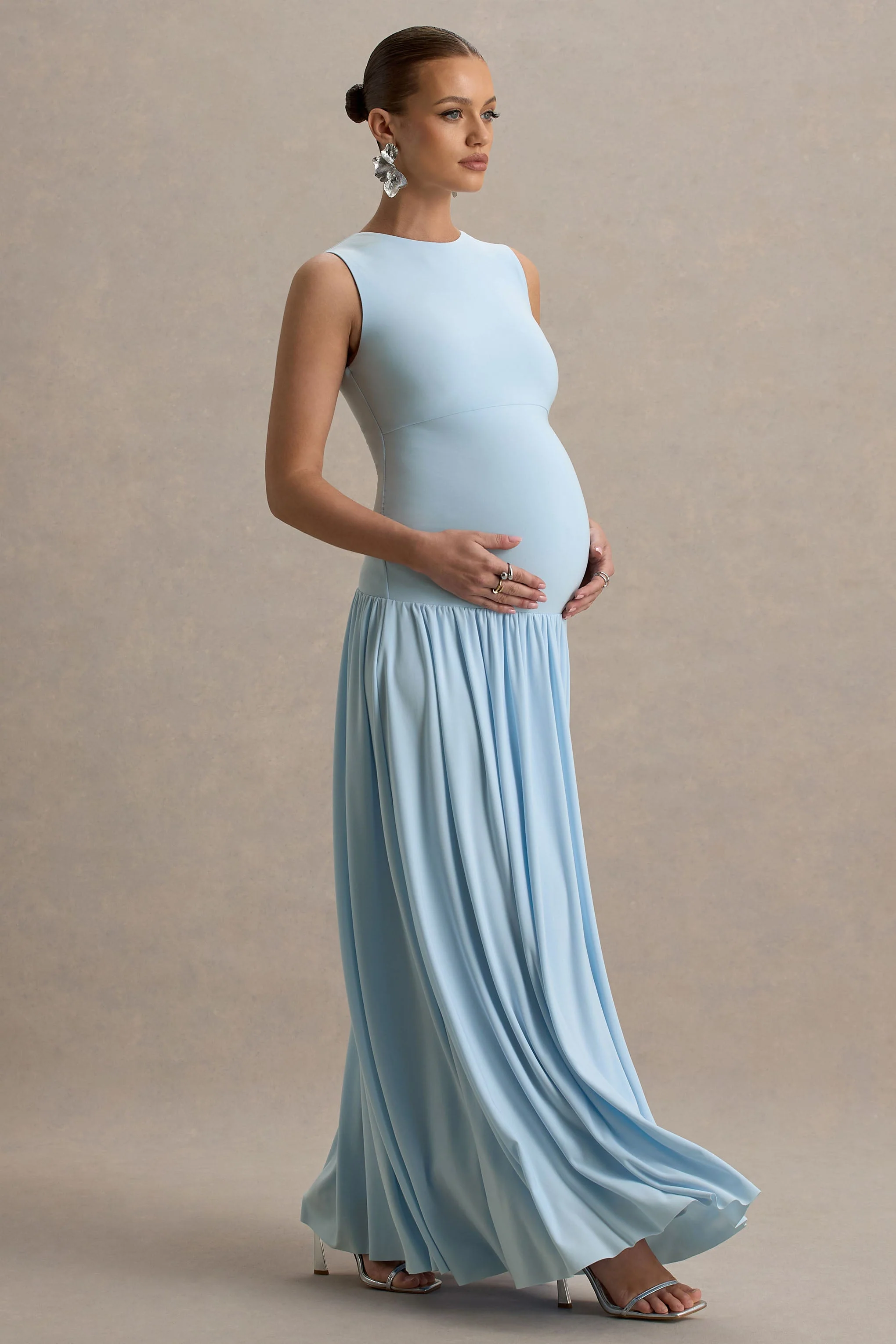Outline | Poederblauwe Zwangerschaps Maxi Jurk Met Draperend Rok - Image 4