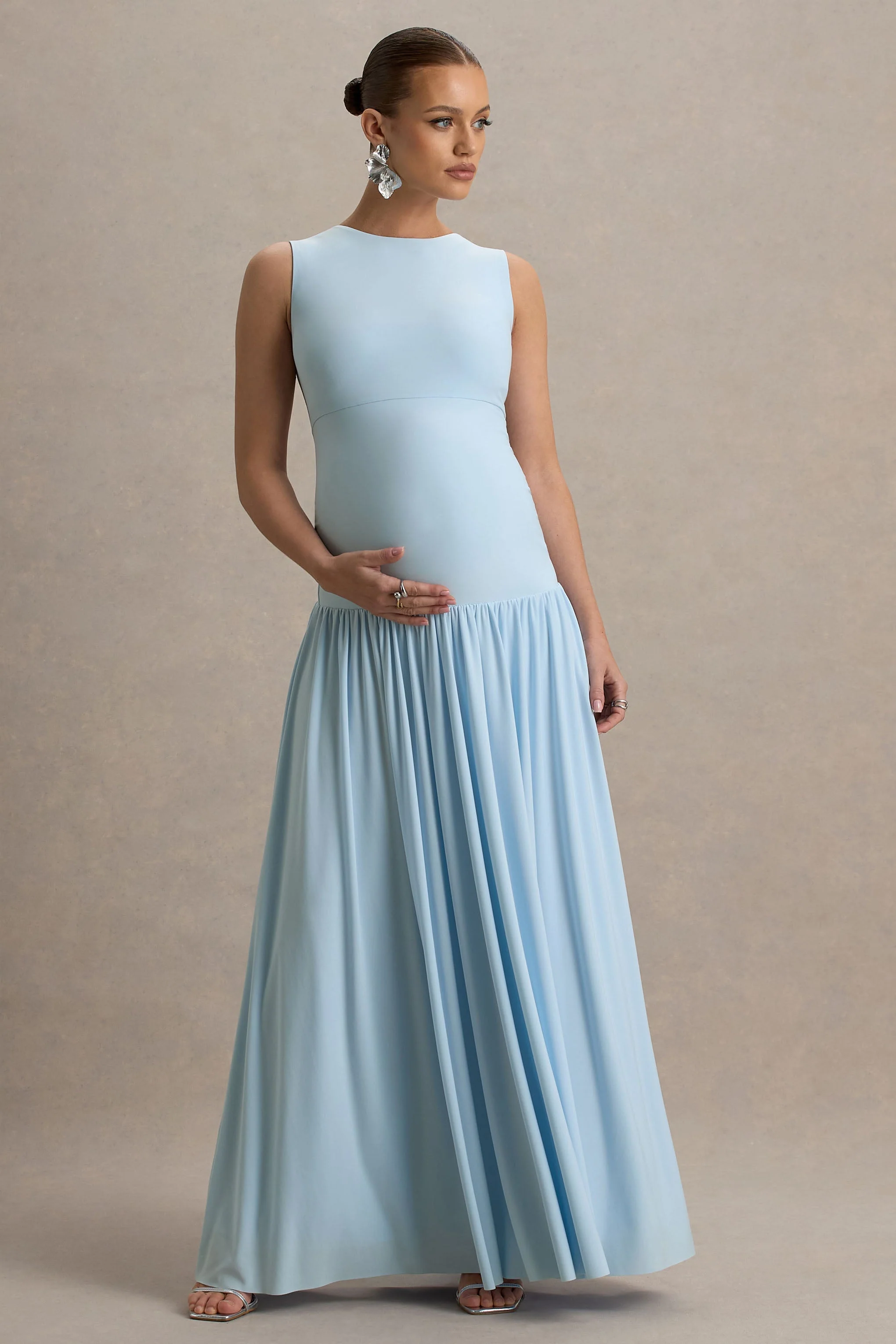 Outline | Poederblauwe Zwangerschaps Maxi Jurk Met Draperend Rok - Image 5