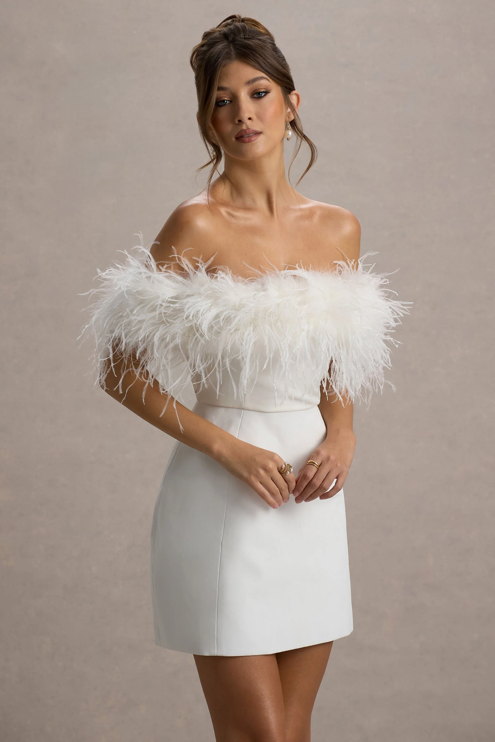 Palace | Witte Bardot Mini Jurk Met Veren Rand - Image 4
