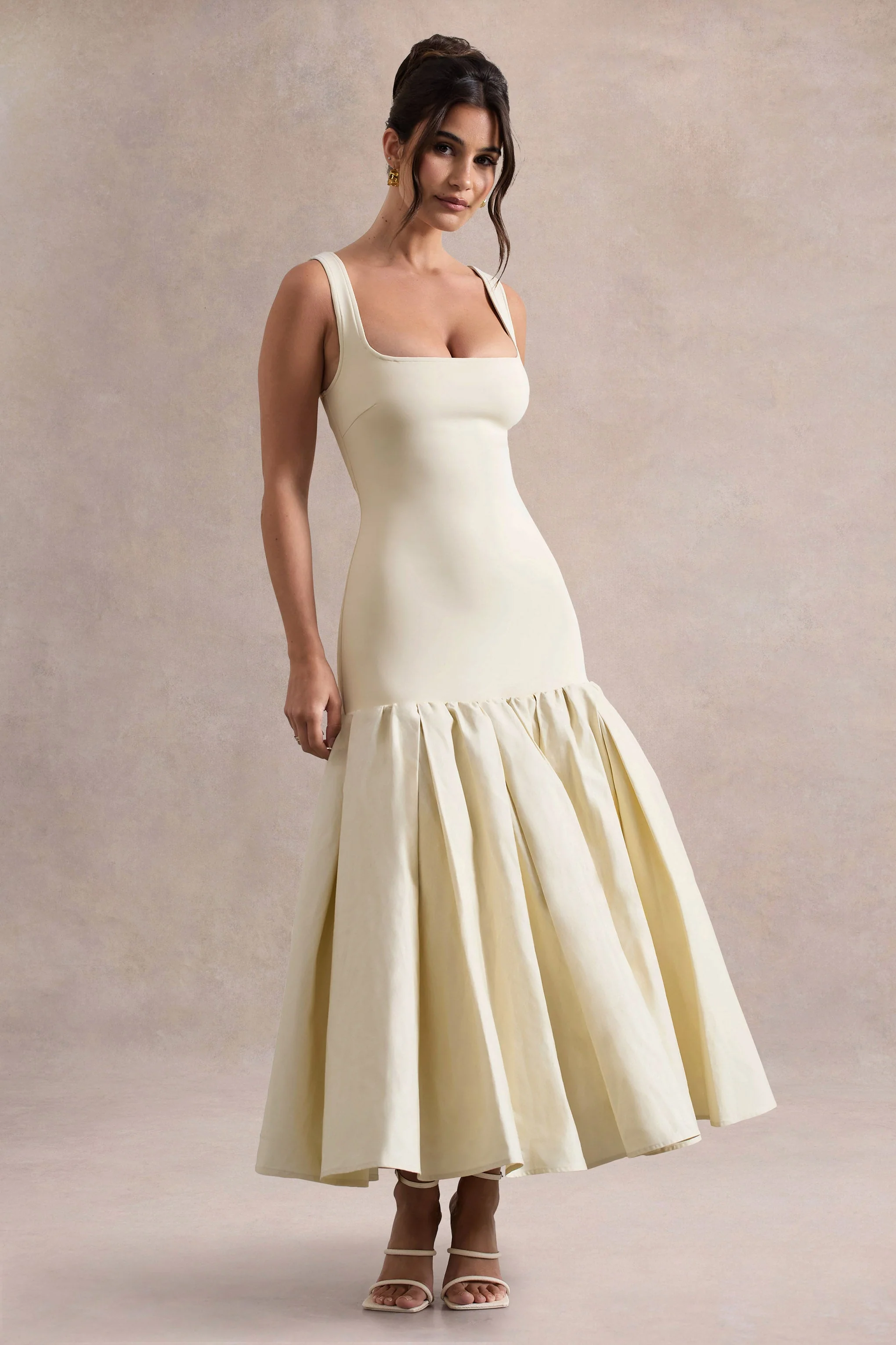 Parida | Crème Poplin Midi Jurk Met Verlaagde Taille En Peplum Zoom - Image 3