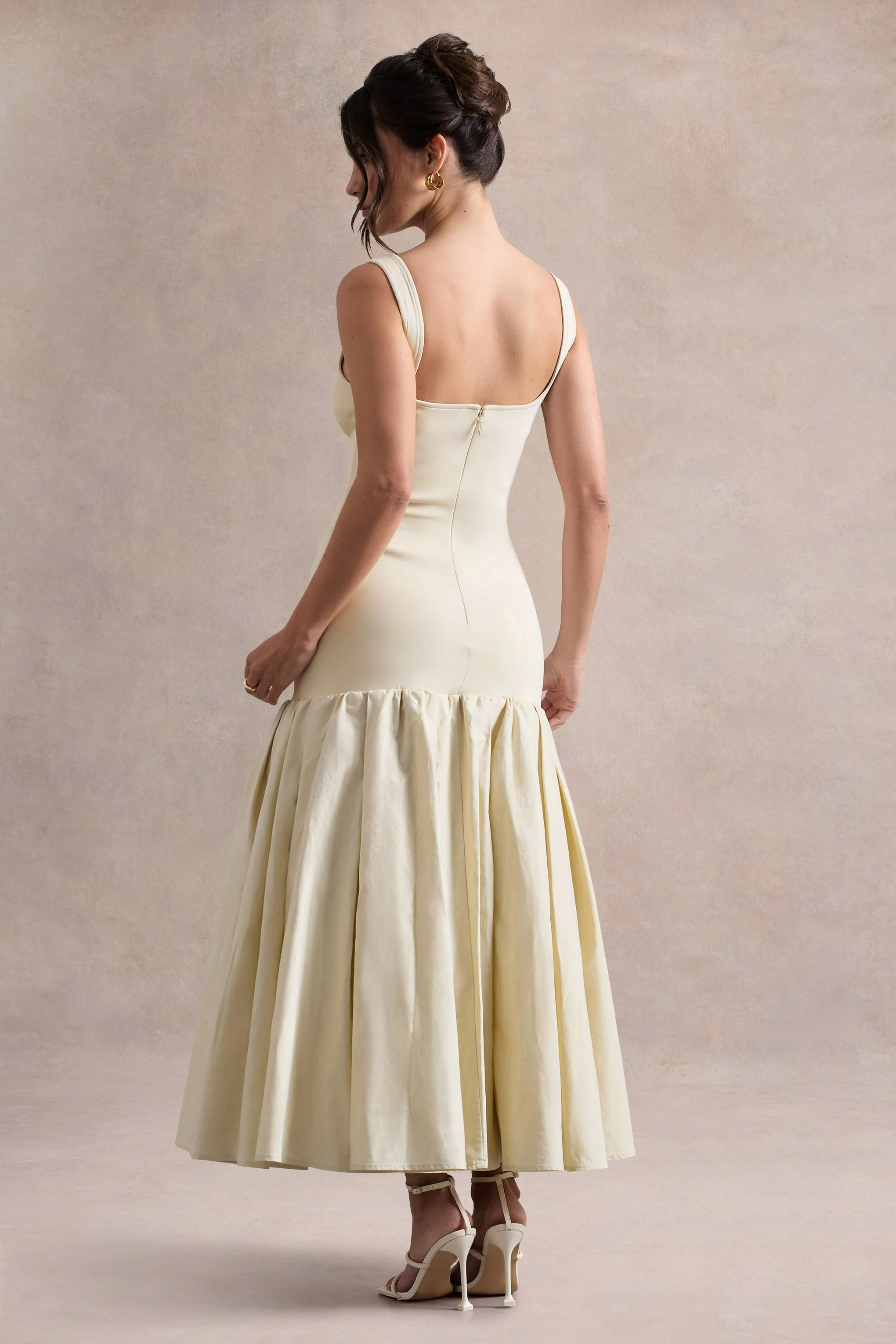 Parida | Crème Poplin Midi Jurk Met Verlaagde Taille En Peplum Zoom - Image 4