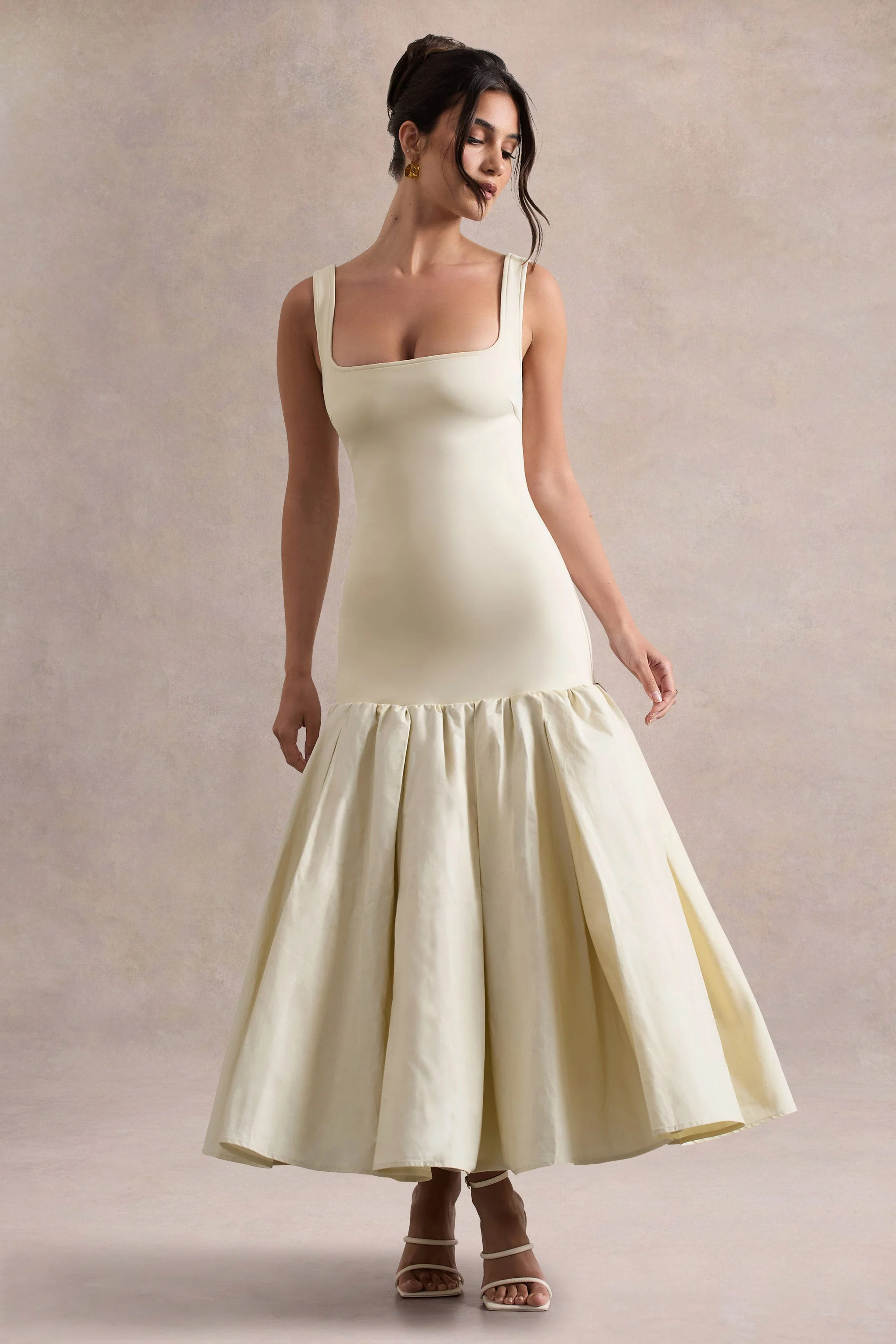 Parida | Crème Poplin Midi Jurk Met Verlaagde Taille En Peplum Zoom - Image 7