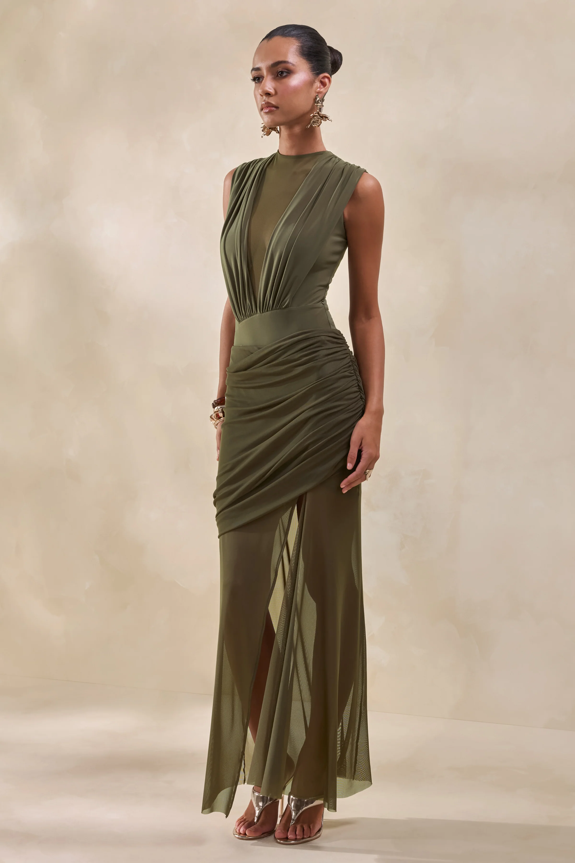 Persephone | Kaki Mesh Overslag Maxi Rok met Split - Image 5