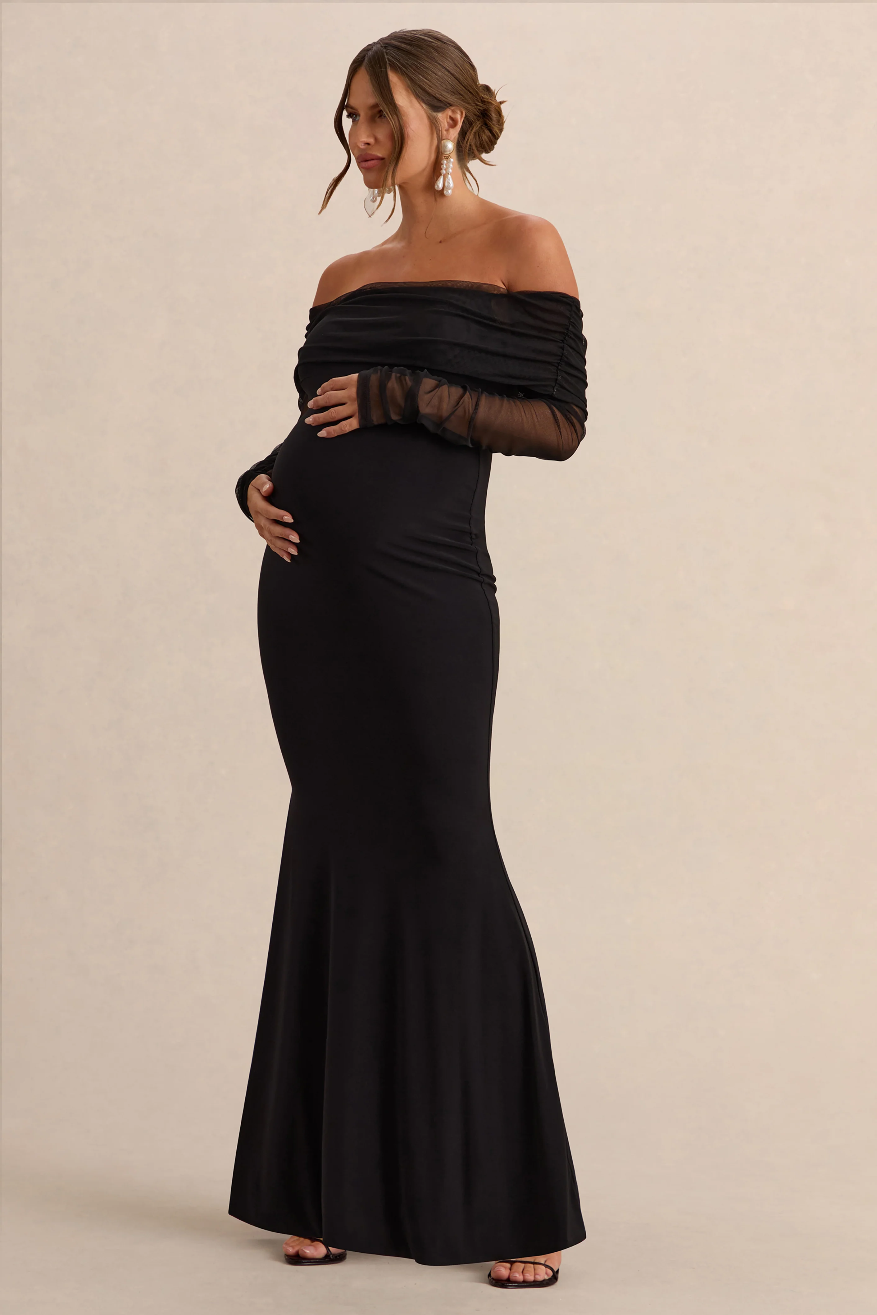 Pretty Perfect | Zwarte Zwangerschaps Bardot Hals Maxi Jurk - Image 4