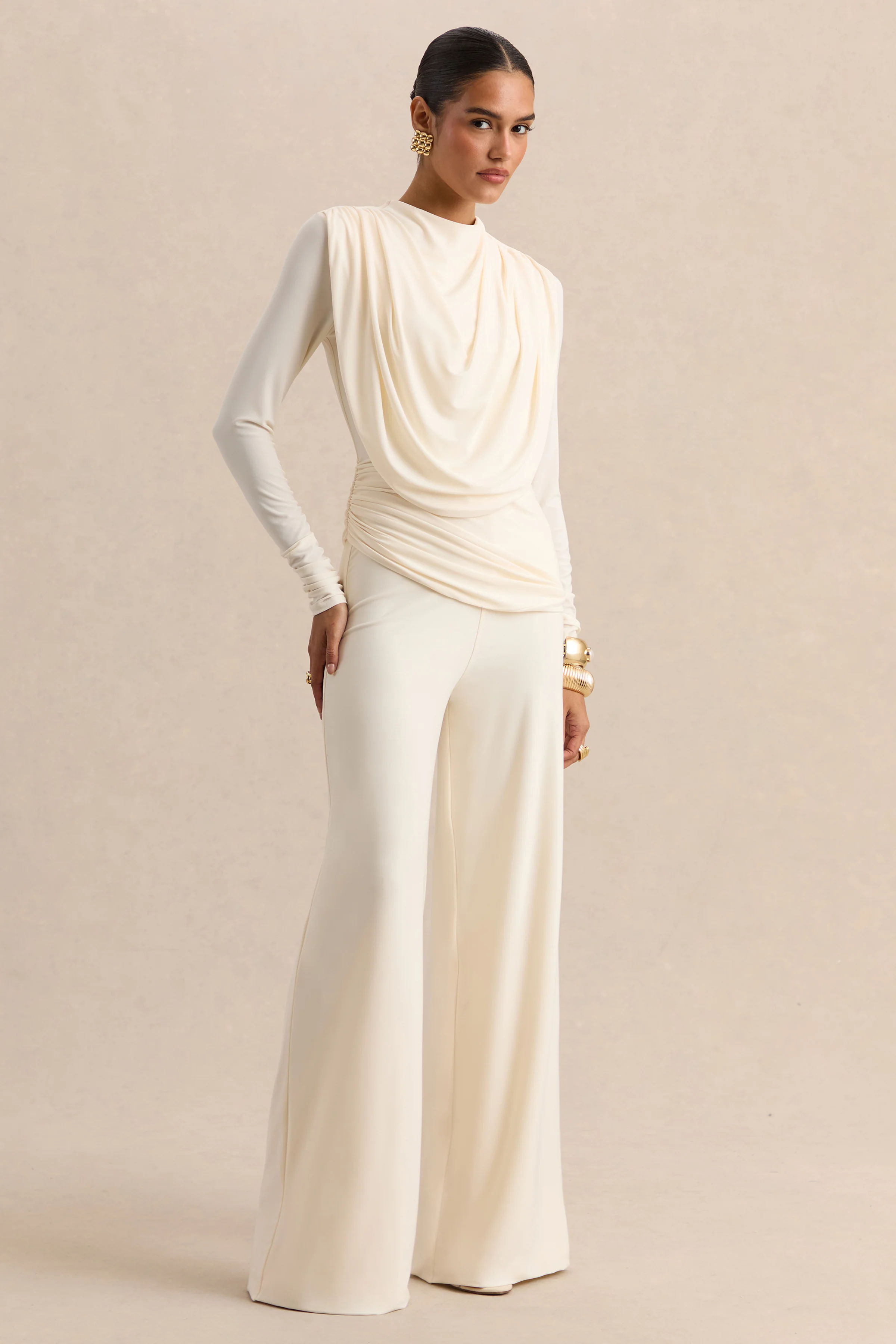 Raniella | Witte Top met Hoge Hals en Gerimpelde en Draperende Details - Image 6