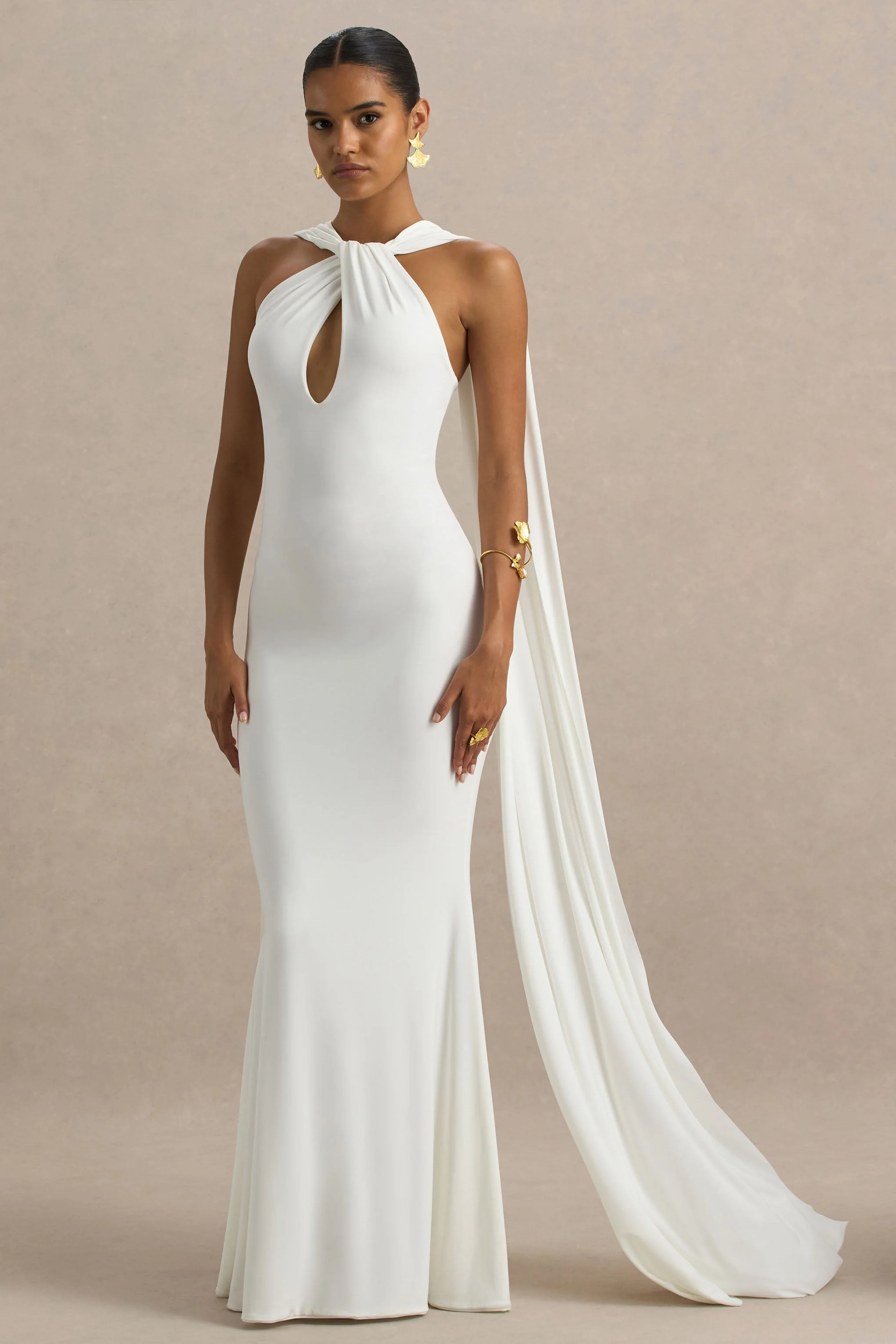 Rhoda | Witte Gedraaide Halter Nek Maxi Jurk Met Cape - Image 5